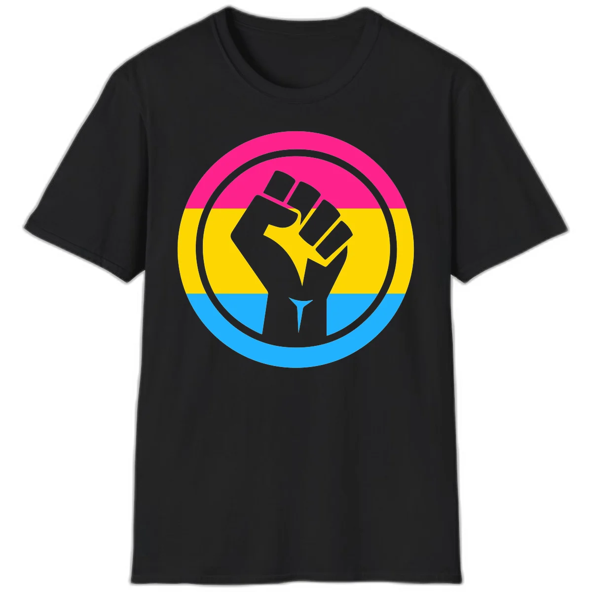 Raised fist silhouette in circular badge with magenta, yellow, and blue pride stripes symbolizing fist-pride-power and activism in Black