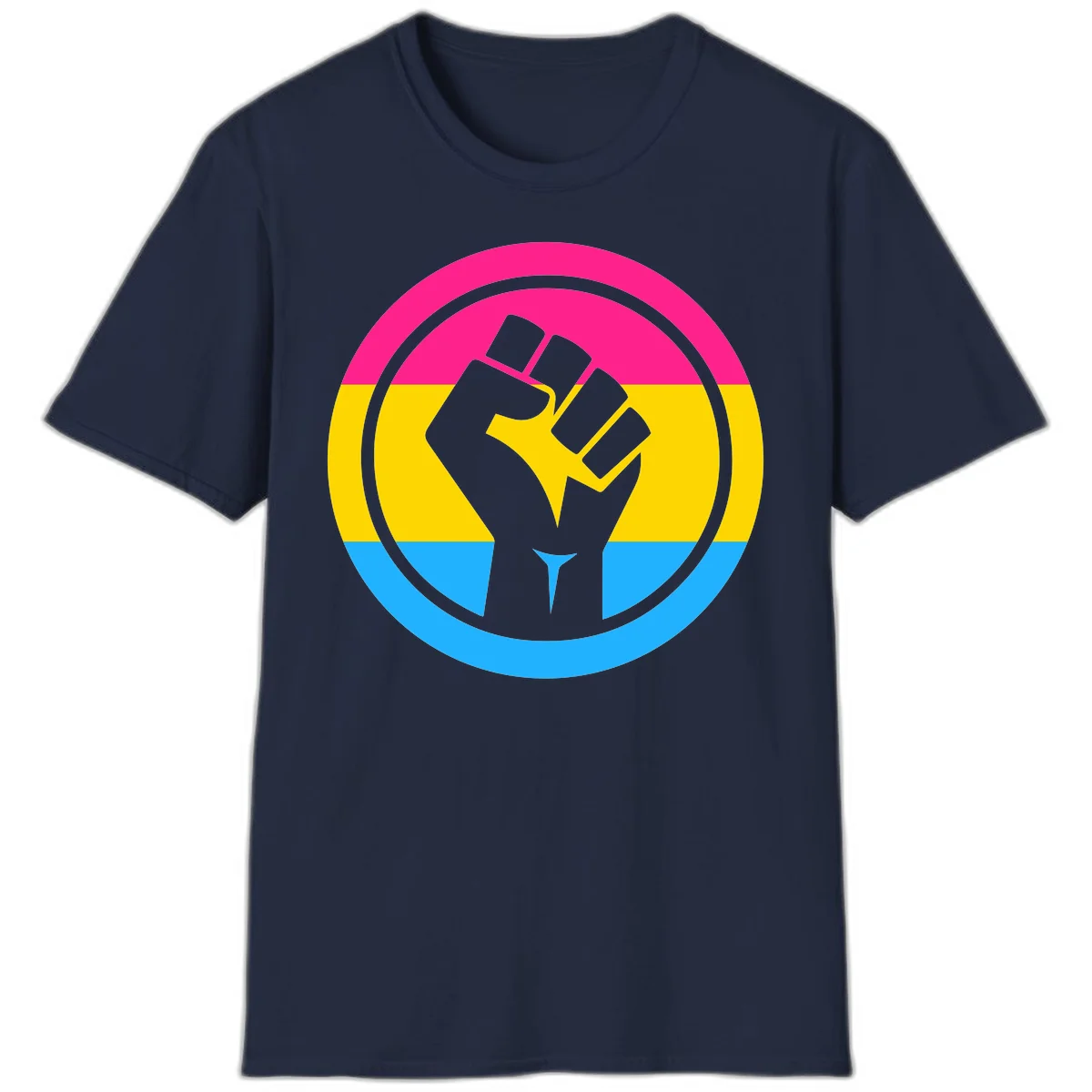 Raised fist silhouette in circular badge with magenta, yellow, and blue pride stripes symbolizing fist-pride-power and activism in Navy