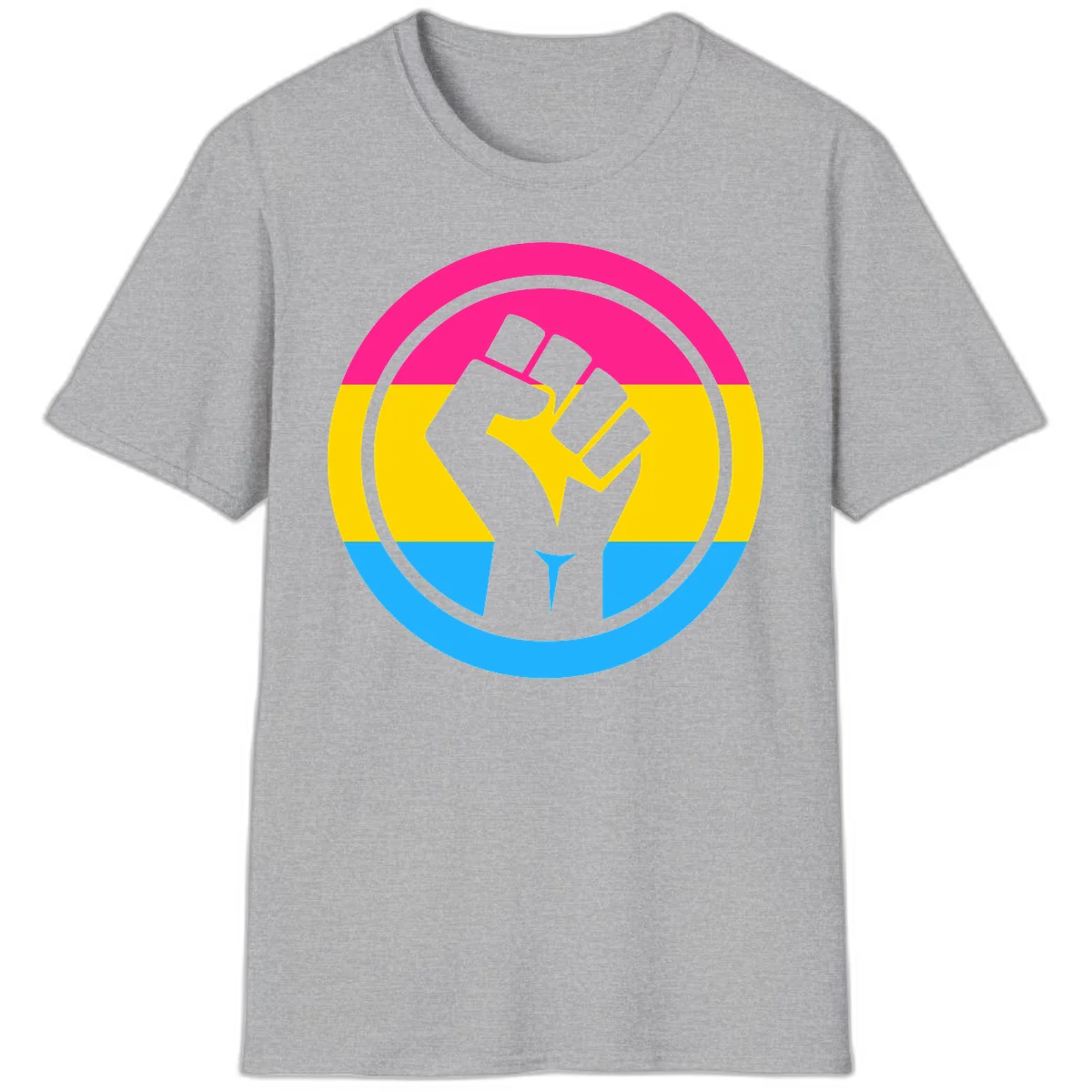 Raised fist silhouette in circular badge with magenta, yellow, and blue pride stripes symbolizing fist-pride-power and activism in Sport Grey