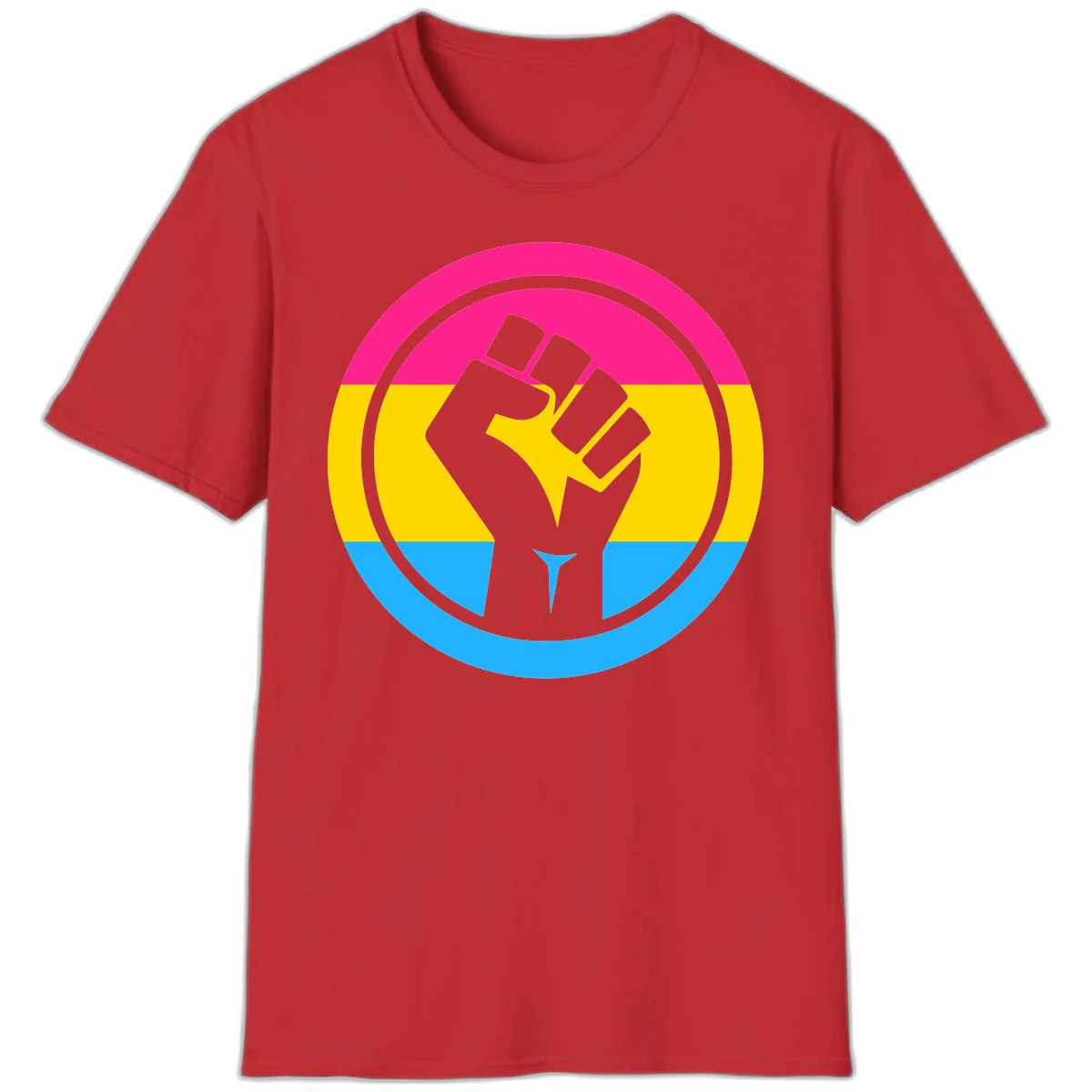 Raised fist silhouette in circular badge with magenta, yellow, and blue pride stripes symbolizing fist-pride-power and activism in Red