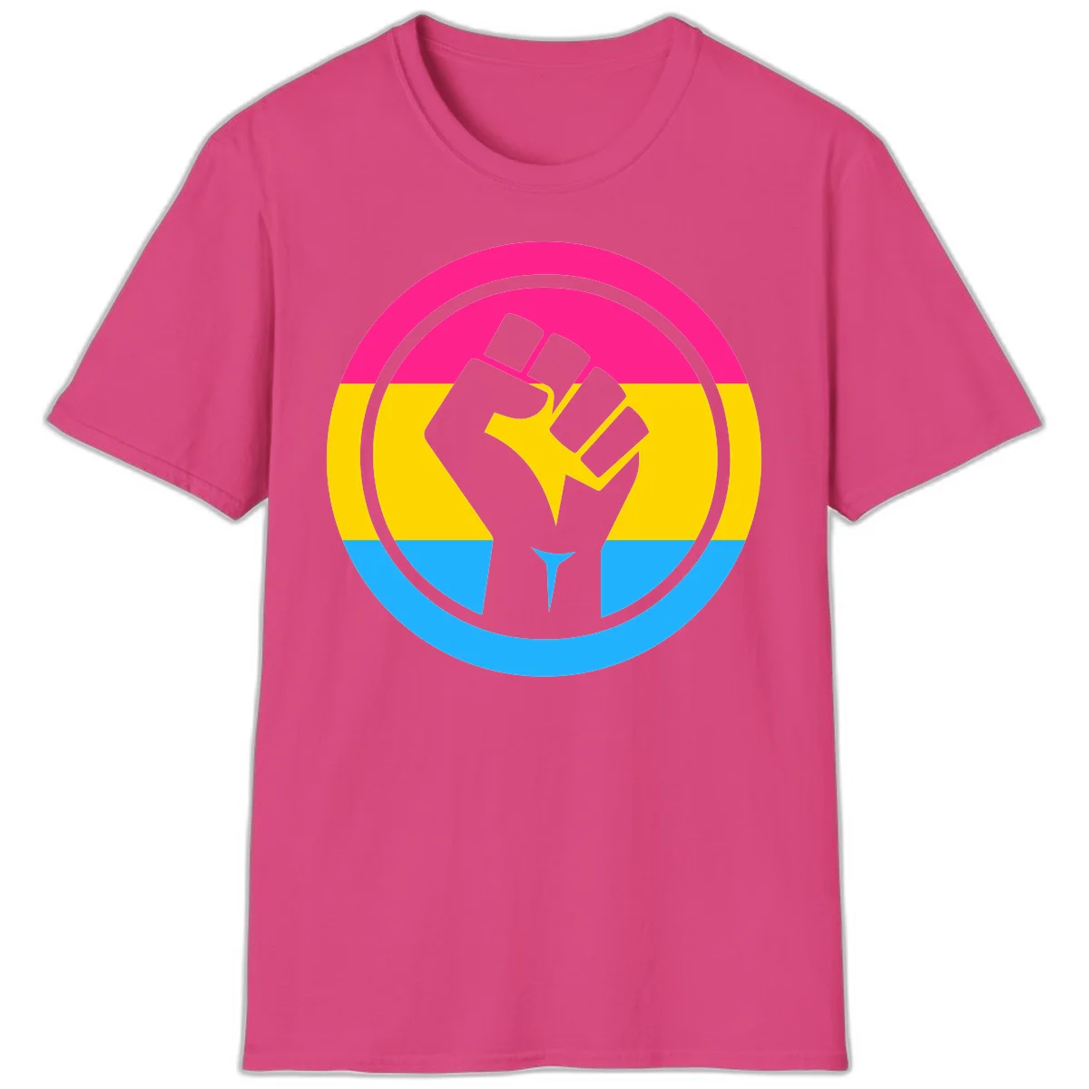 Raised fist silhouette in circular badge with magenta, yellow, and blue pride stripes symbolizing fist-pride-power and activism in Heliconia