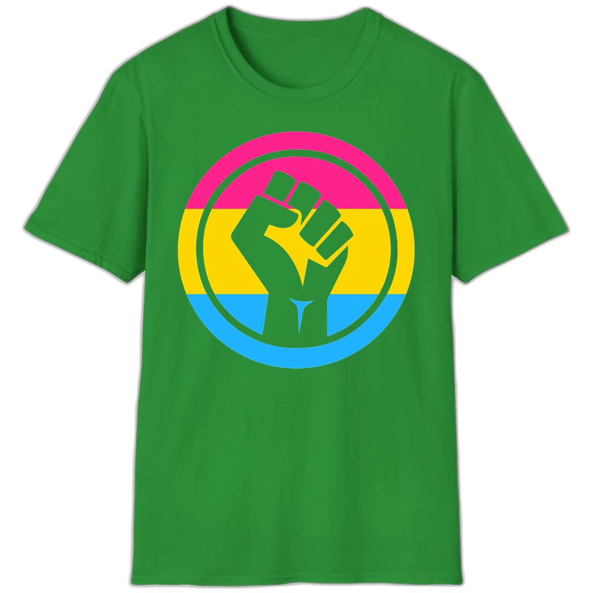 Raised fist silhouette in circular badge with magenta, yellow, and blue pride stripes symbolizing fist-pride-power and activism in Irish Green