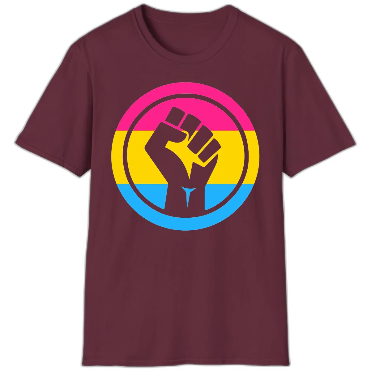 Raised fist silhouette in circular badge with magenta, yellow, and blue pride stripes symbolizing fist-pride-power and activism in Maroon