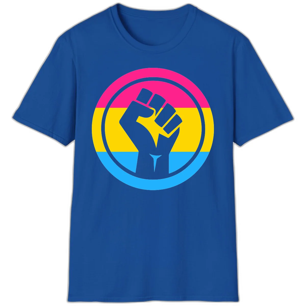 Raised fist silhouette in circular badge with magenta, yellow, and blue pride stripes symbolizing fist-pride-power and activism in Royal