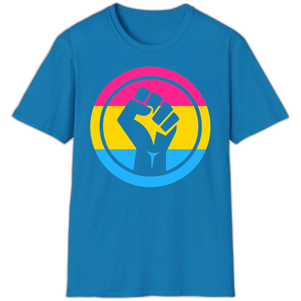 Raised fist silhouette in circular badge with magenta, yellow, and blue pride stripes symbolizing fist-pride-power and activism in Sapphire