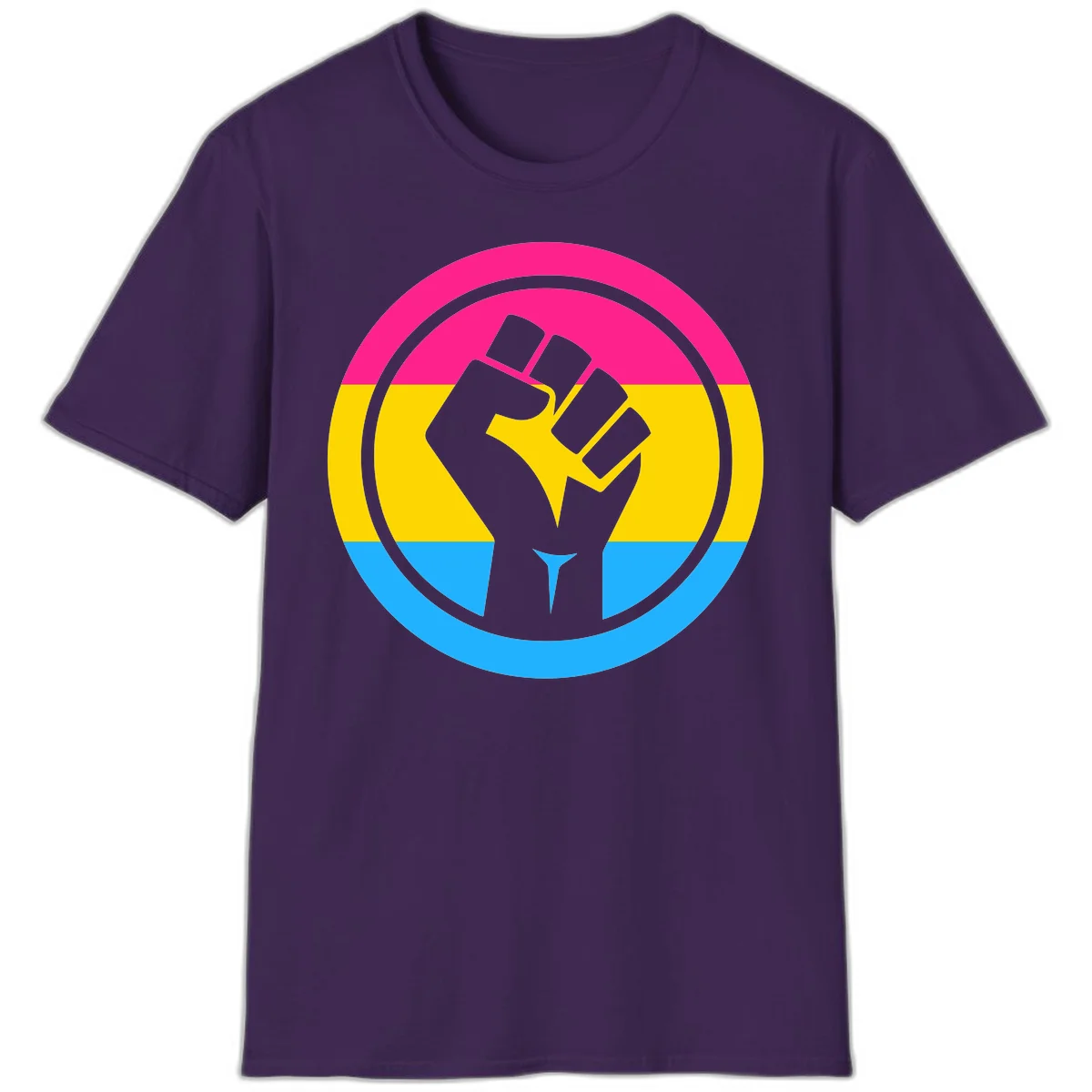 Raised fist silhouette in circular badge with magenta, yellow, and blue pride stripes symbolizing fist-pride-power and activism in Purple