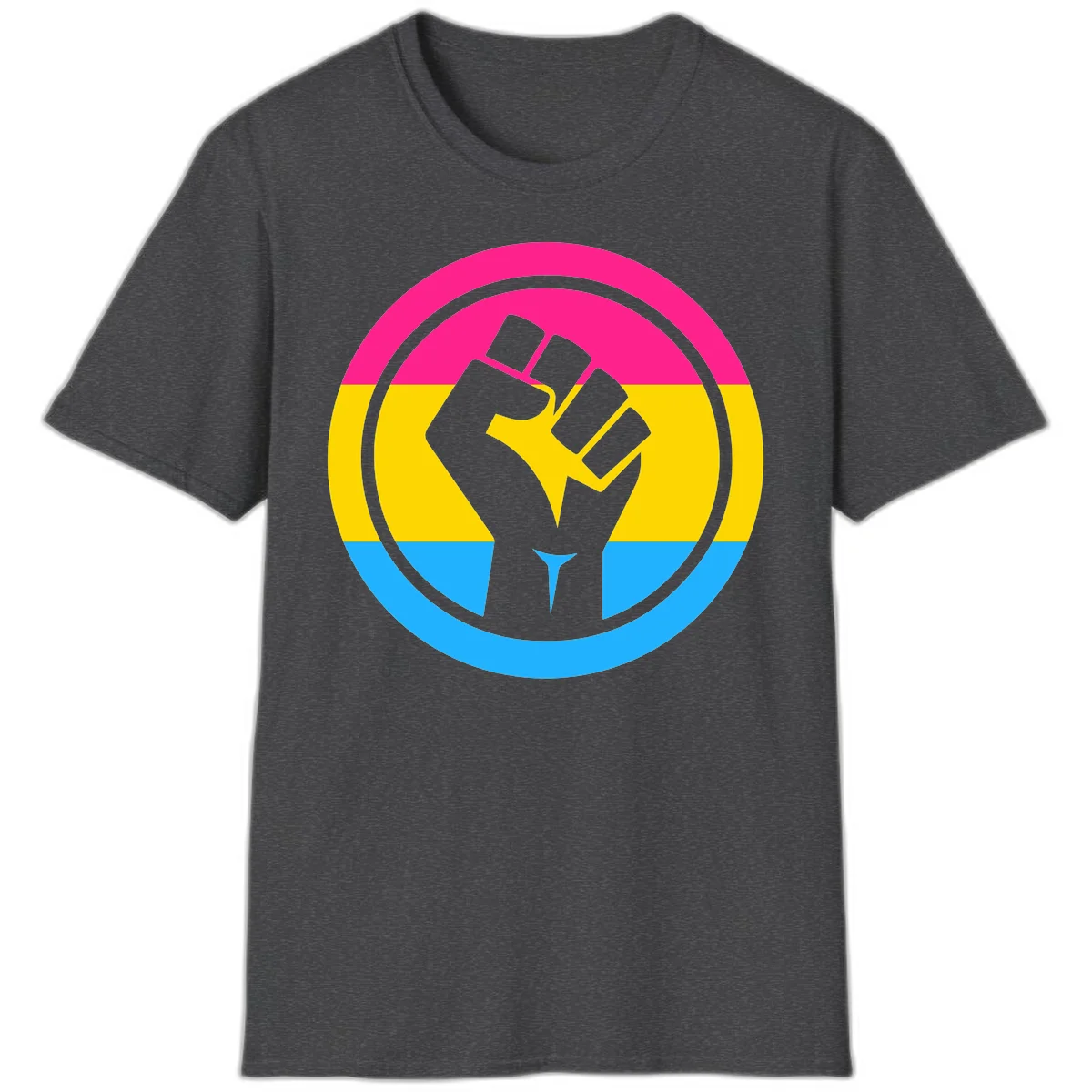 Raised fist silhouette in circular badge with magenta, yellow, and blue pride stripes symbolizing fist-pride-power and activism in Dark Heather