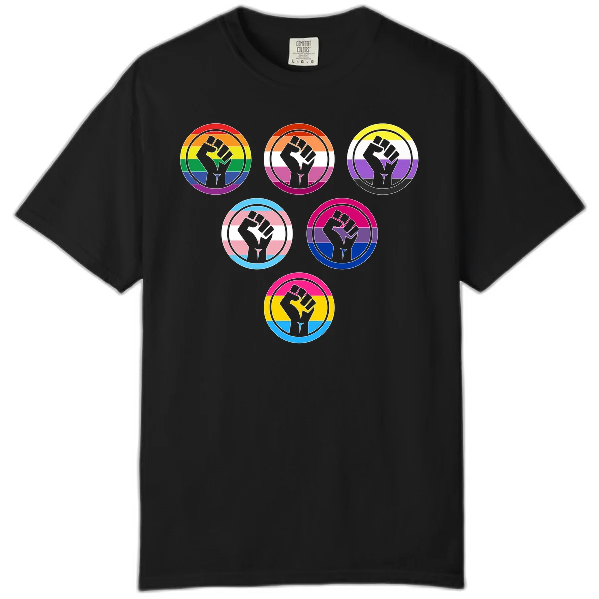 Six circular badge designs with raised fist symbols in different pride flag color schemes including rainbow, trans, and pansexual flags in Black