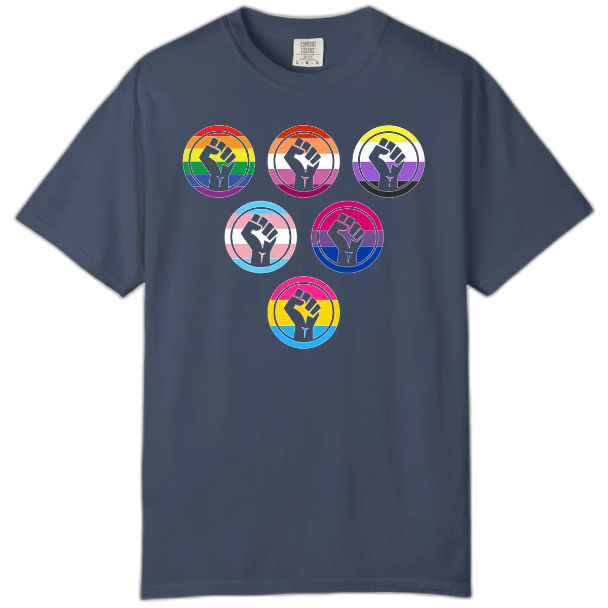 Six circular badge designs with raised fist symbols in different pride flag color schemes including rainbow, trans, and pansexual flags in Midnight