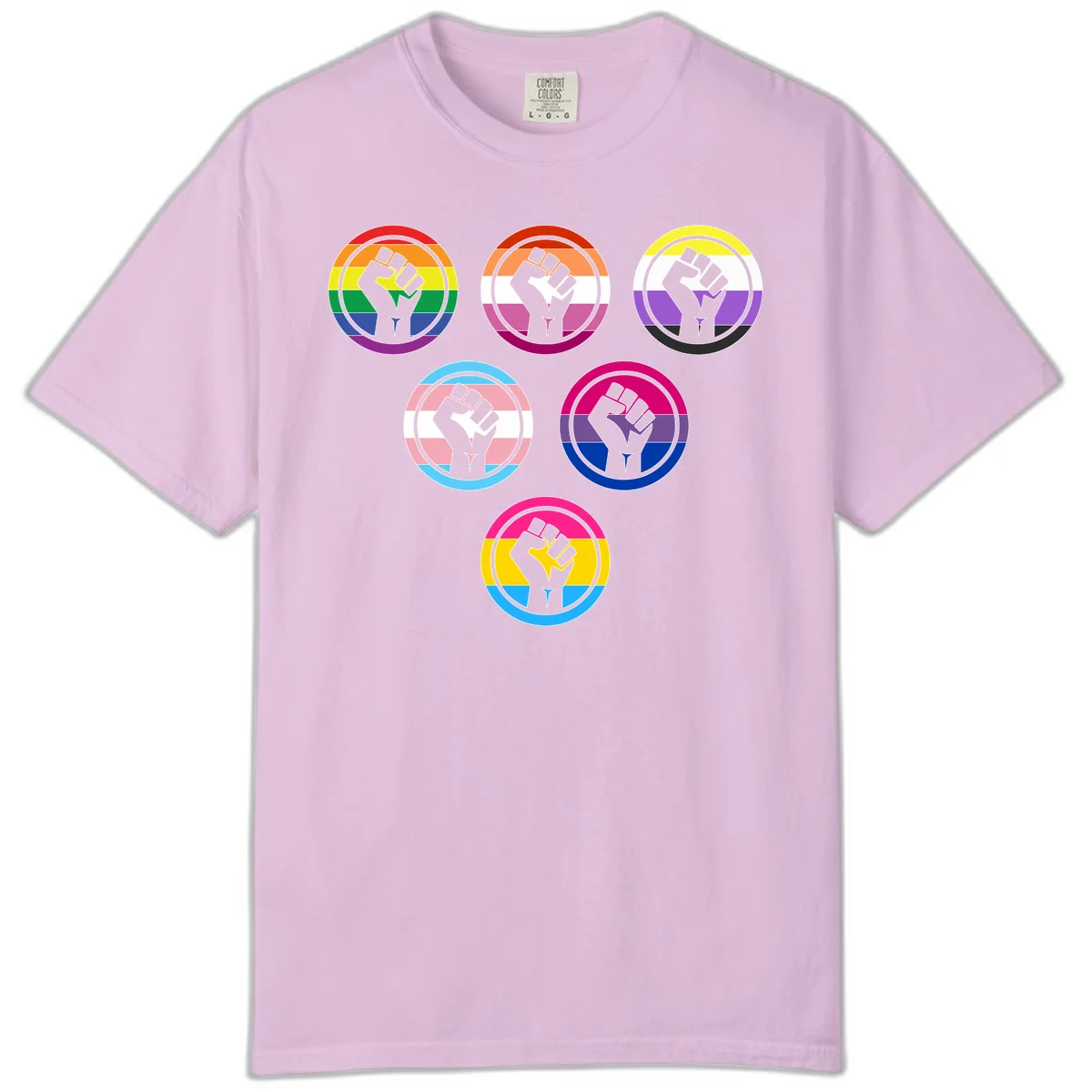 Six circular badge designs with raised fist symbols in different pride flag color schemes including rainbow, trans, and pansexual flags in Orchid