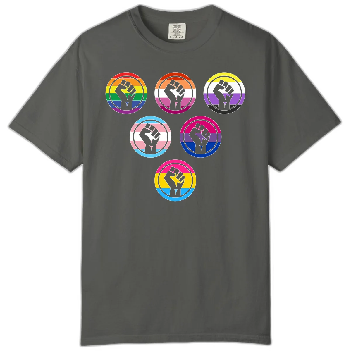 Six circular badge designs with raised fist symbols in different pride flag color schemes including rainbow, trans, and pansexual flags in Pepper