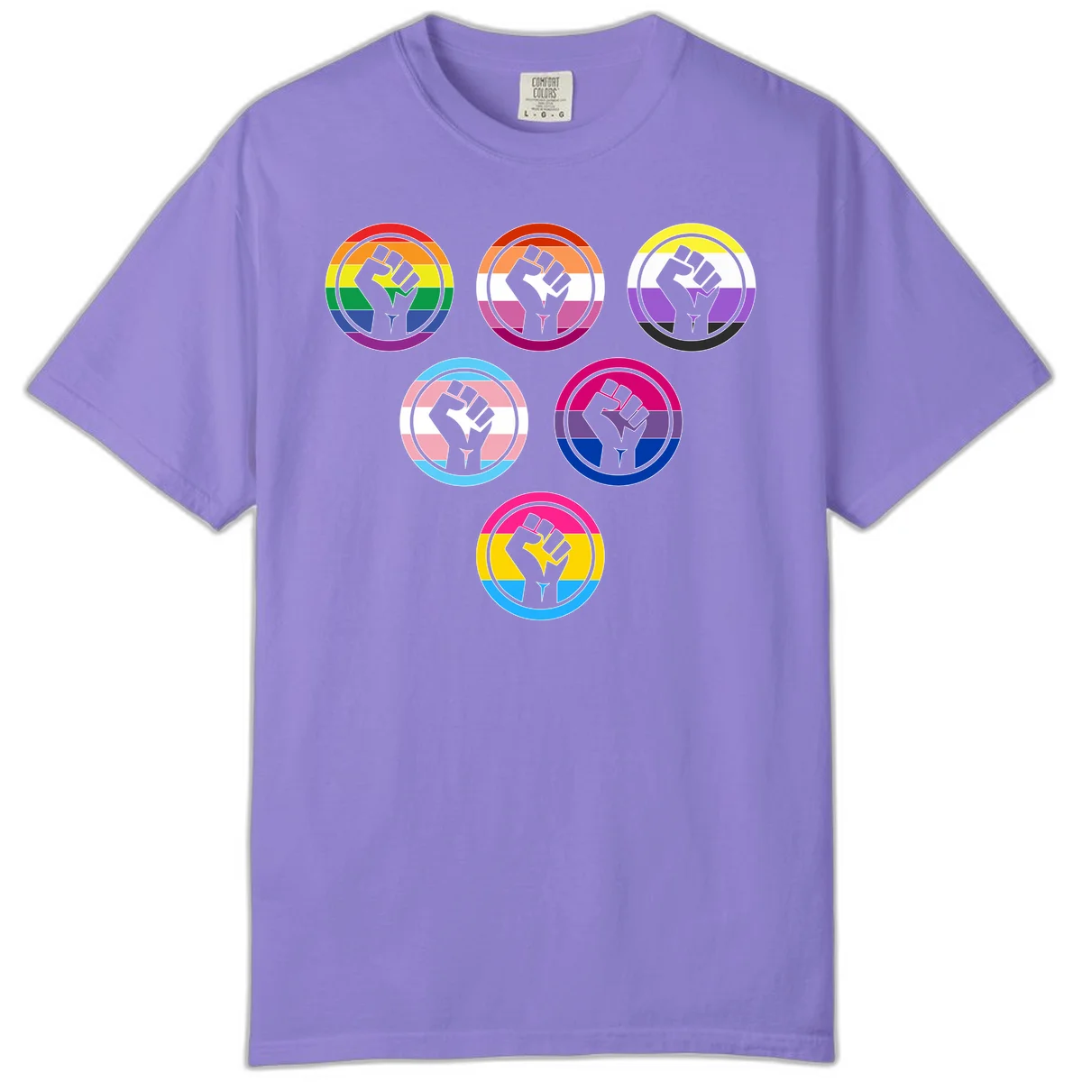 Six circular badge designs with raised fist symbols in different pride flag color schemes including rainbow, trans, and pansexual flags in Violet