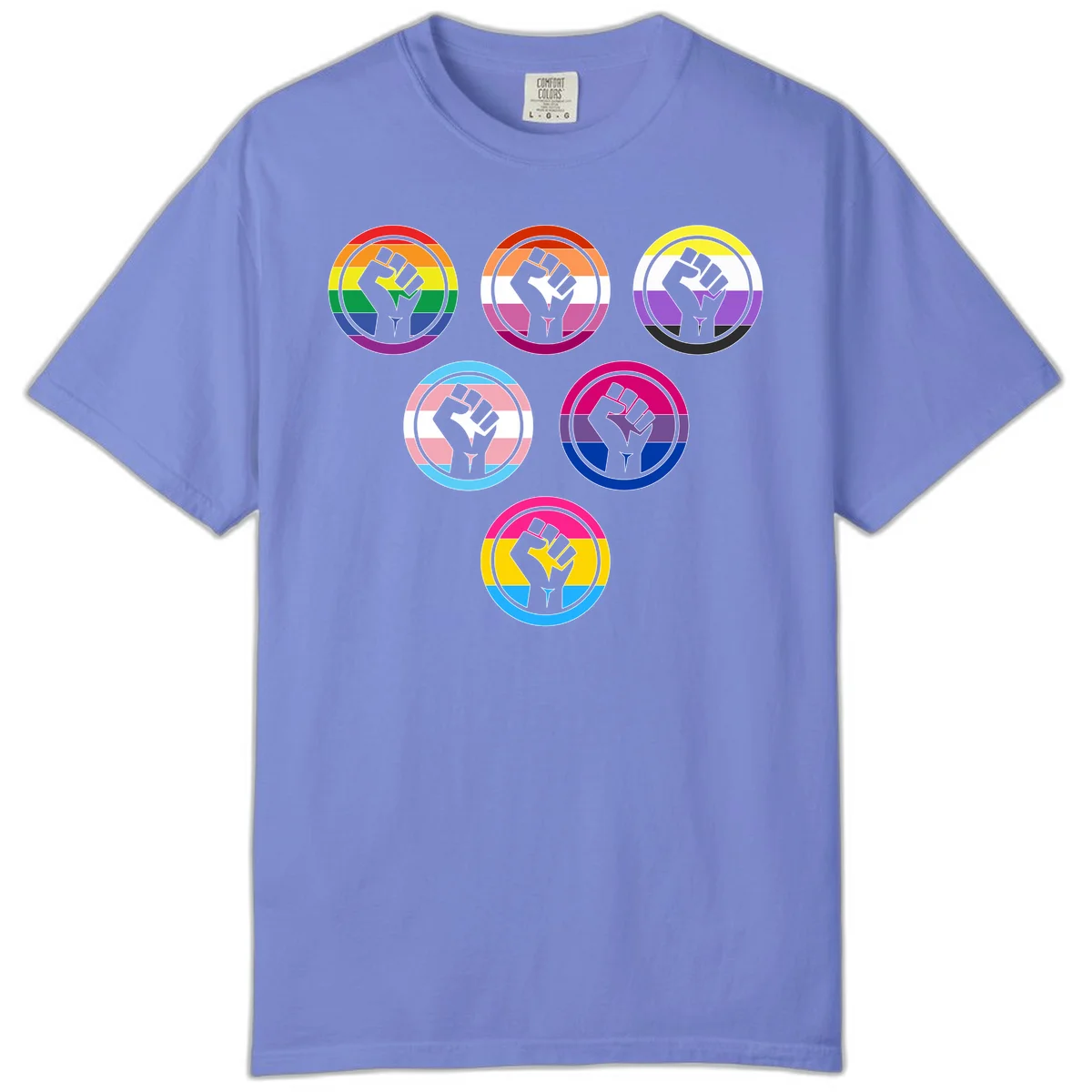 Six circular badge designs with raised fist symbols in different pride flag color schemes including rainbow, trans, and pansexual flags in Flo Blue