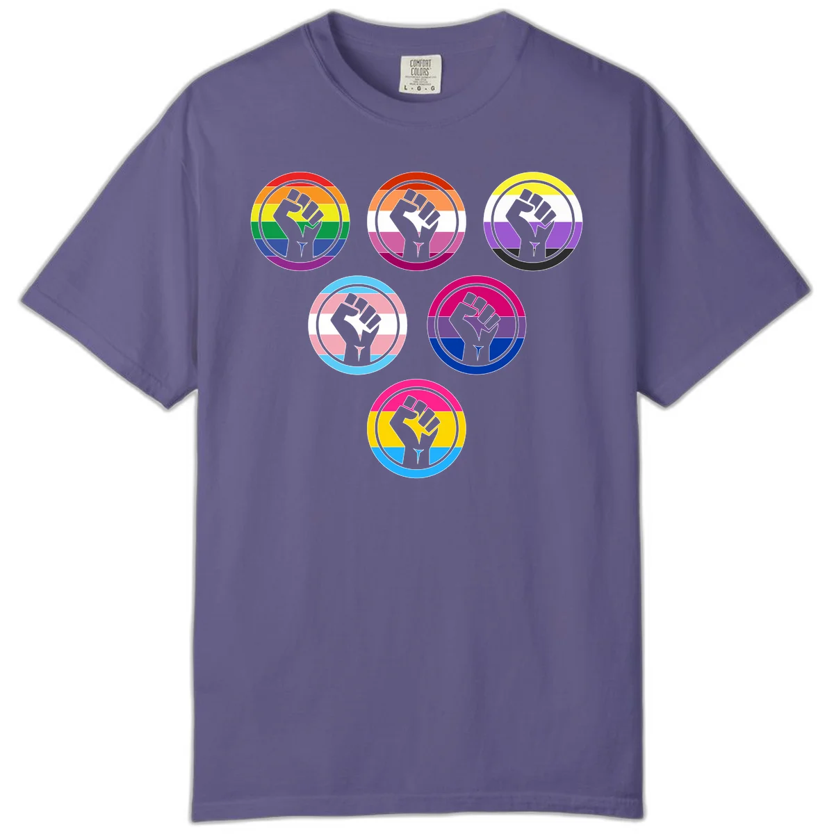 Six circular badge designs with raised fist symbols in different pride flag color schemes including rainbow, trans, and pansexual flags in Grape