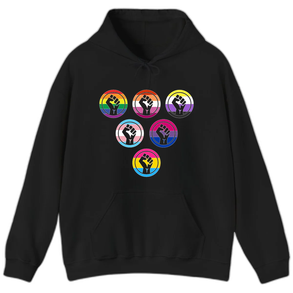 Six circular badge designs with raised fist symbols in different pride flag color schemes including rainbow, trans, and pansexual flags in Black