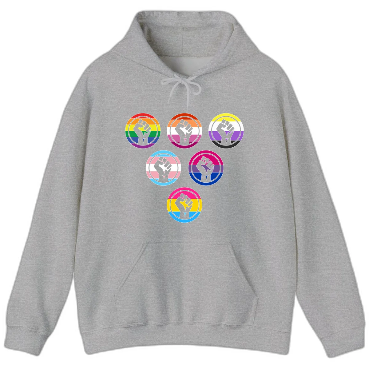 Six circular badge designs with raised fist symbols in different pride flag color schemes including rainbow, trans, and pansexual flags in Sport Grey