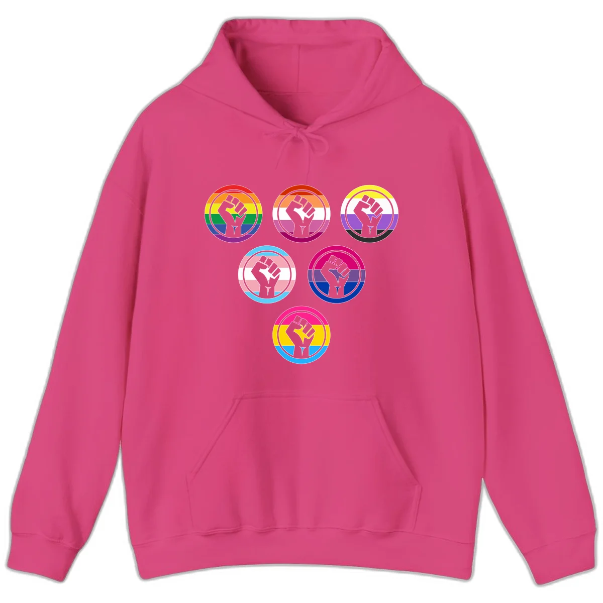 Six circular badge designs with raised fist symbols in different pride flag color schemes including rainbow, trans, and pansexual flags in Heliconia