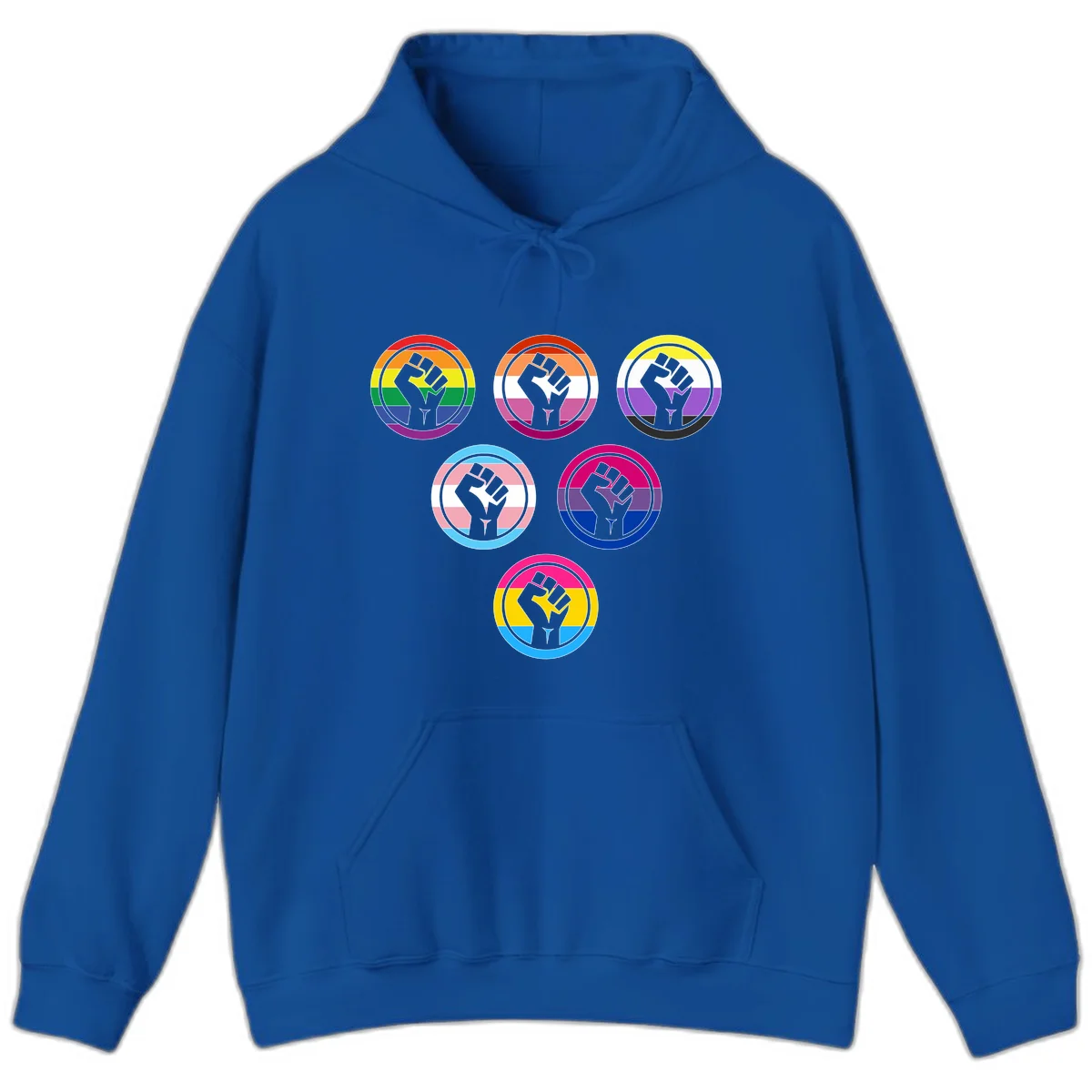Six circular badge designs with raised fist symbols in different pride flag color schemes including rainbow, trans, and pansexual flags in Royal