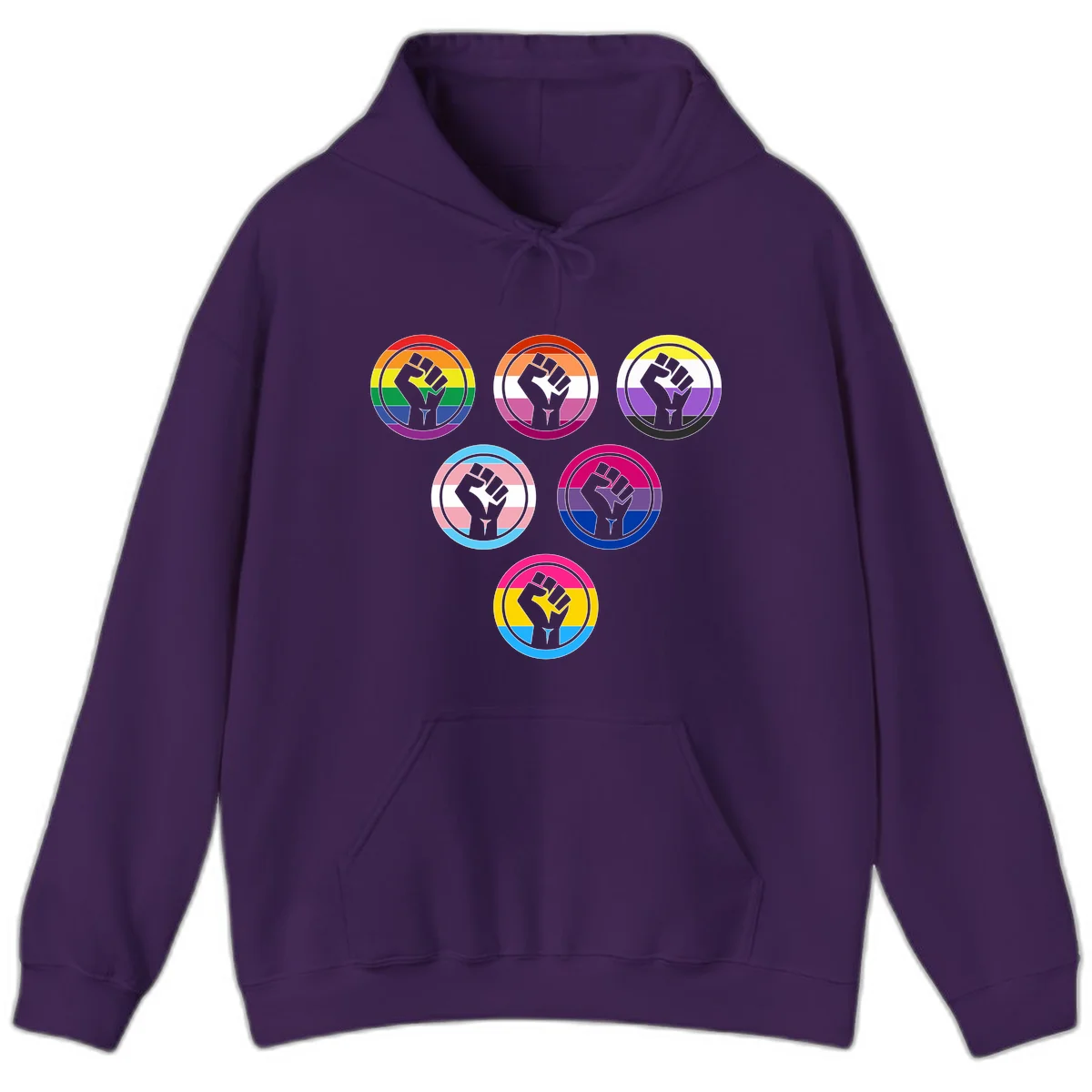 Six circular badge designs with raised fist symbols in different pride flag color schemes including rainbow, trans, and pansexual flags in Purple