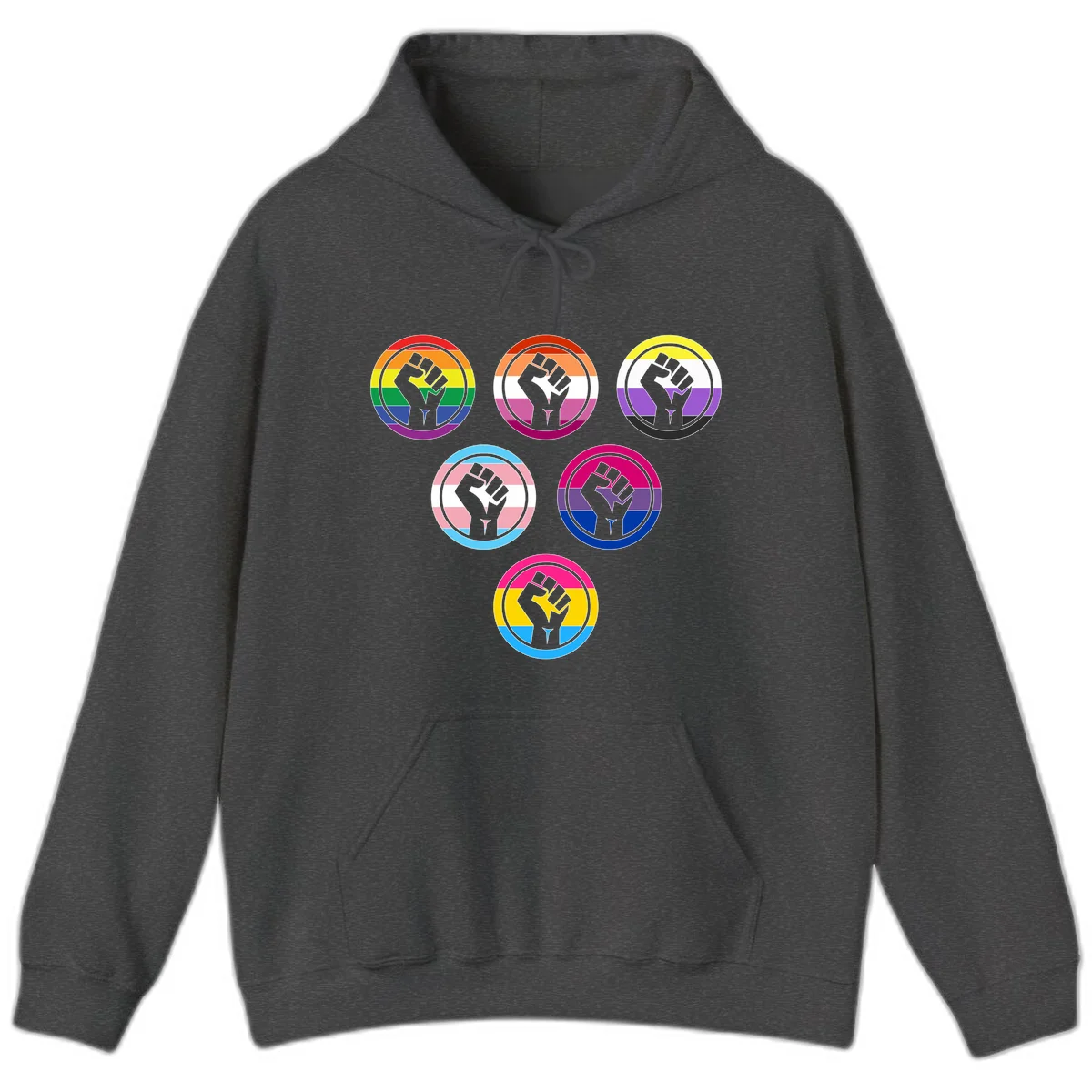 Six circular badge designs with raised fist symbols in different pride flag color schemes including rainbow, trans, and pansexual flags in Dark Heather