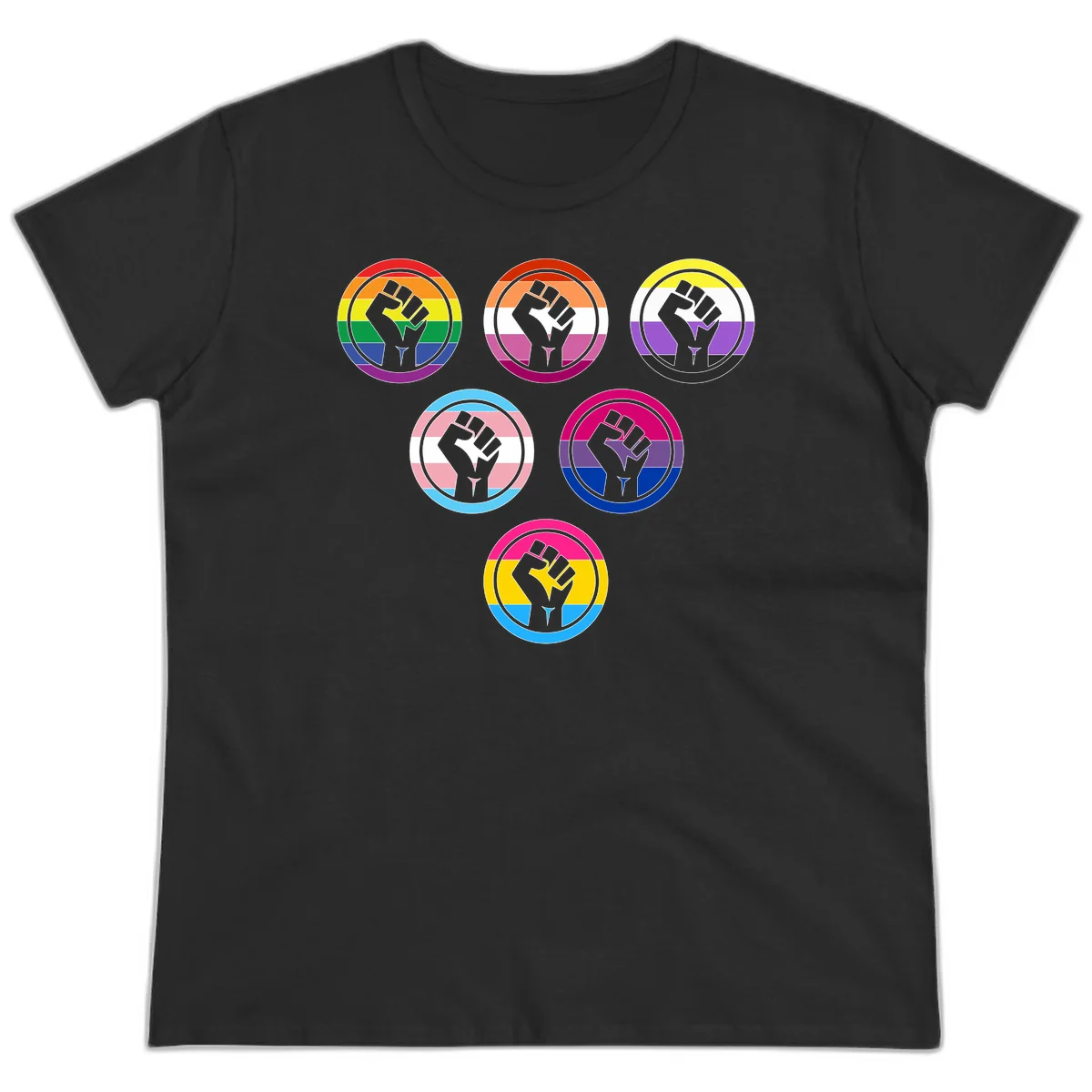 Six circular badge designs with raised fist symbols in different pride flag color schemes including rainbow, trans, and pansexual flags in Black
