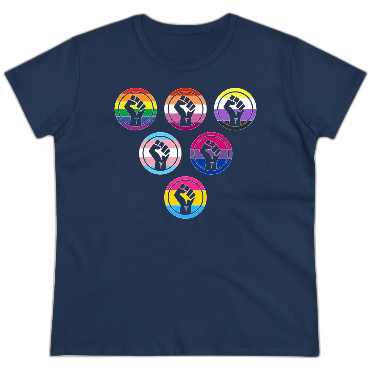 Six circular badge designs with raised fist symbols in different pride flag color schemes including rainbow, trans, and pansexual flags in Navy