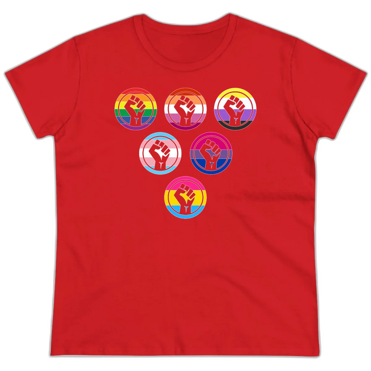 Six circular badge designs with raised fist symbols in different pride flag color schemes including rainbow, trans, and pansexual flags in Red