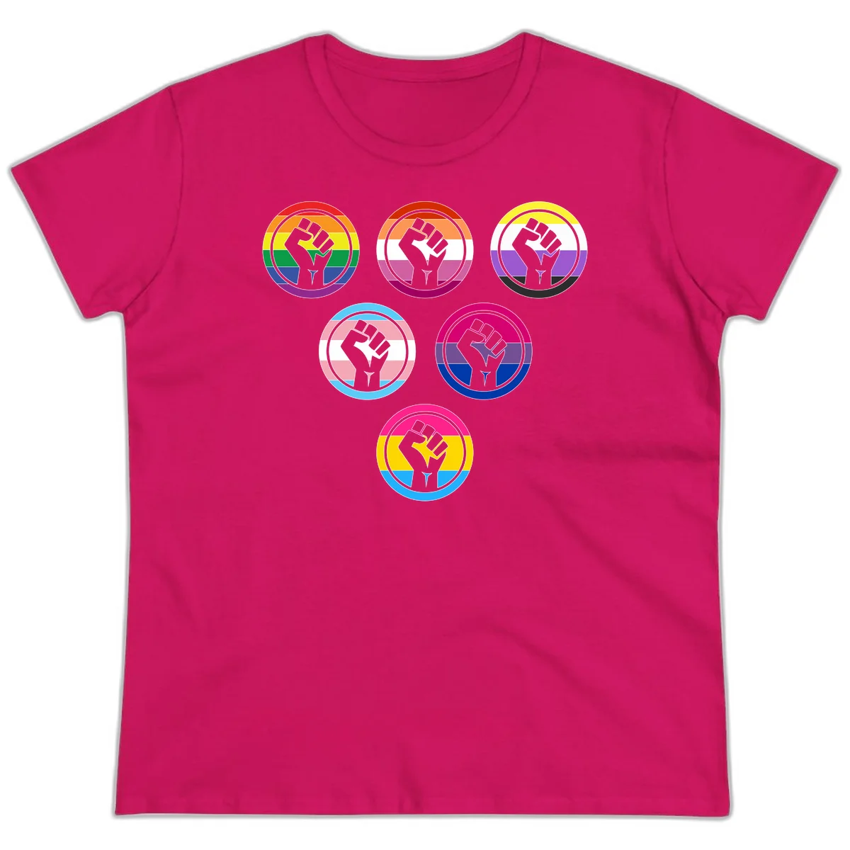 Six circular badge designs with raised fist symbols in different pride flag color schemes including rainbow, trans, and pansexual flags in Heliconia