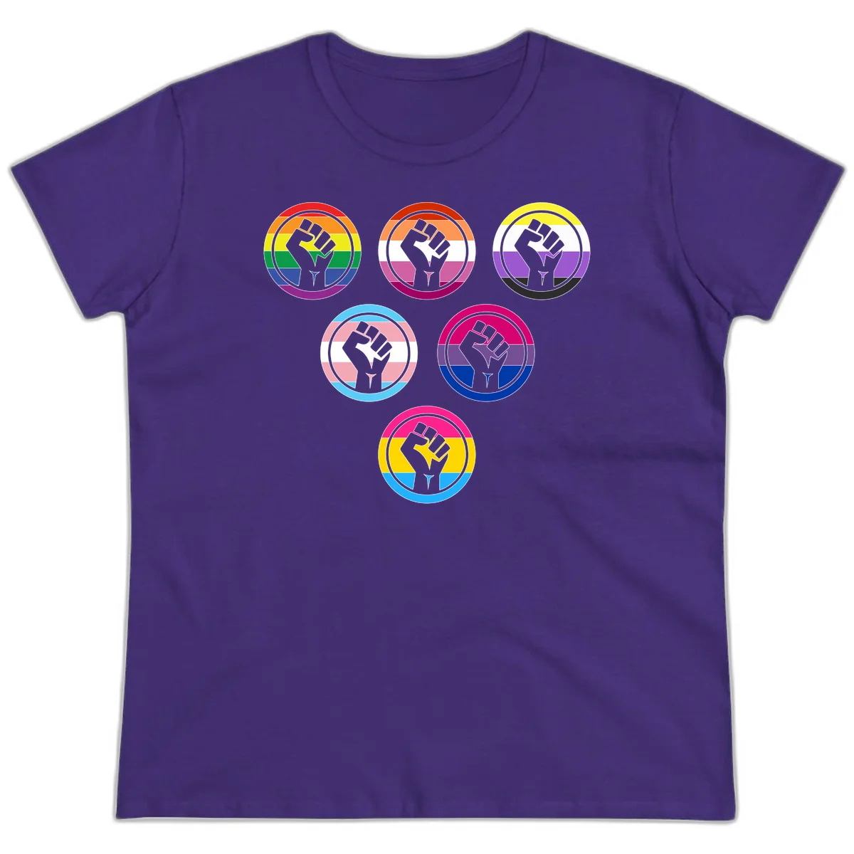 Six circular badge designs with raised fist symbols in different pride flag color schemes including rainbow, trans, and pansexual flags in Purple