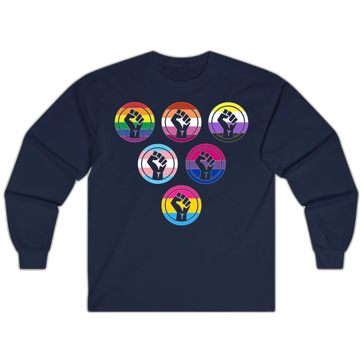 Six circular badge designs with raised fist symbols in different pride flag color schemes including rainbow, trans, and pansexual flags in Navy