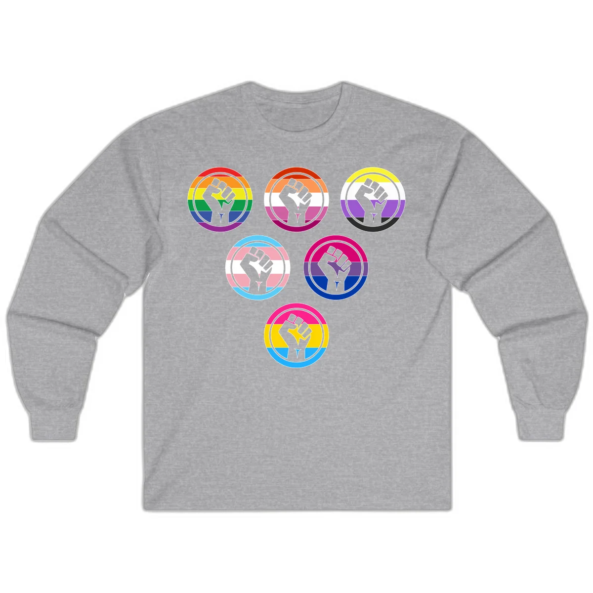 Six circular badge designs with raised fist symbols in different pride flag color schemes including rainbow, trans, and pansexual flags in Sport Grey