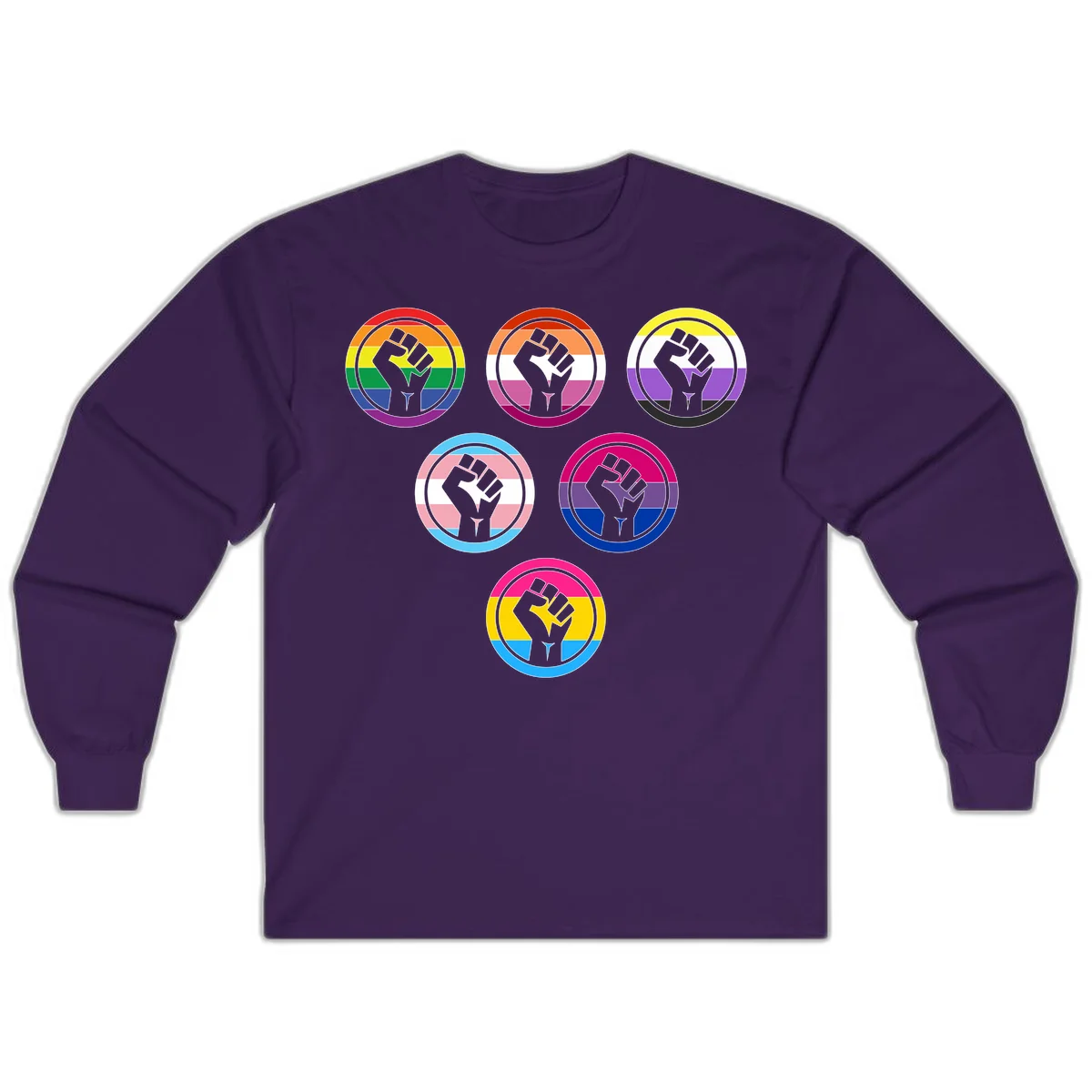 Six circular badge designs with raised fist symbols in different pride flag color schemes including rainbow, trans, and pansexual flags in Purple