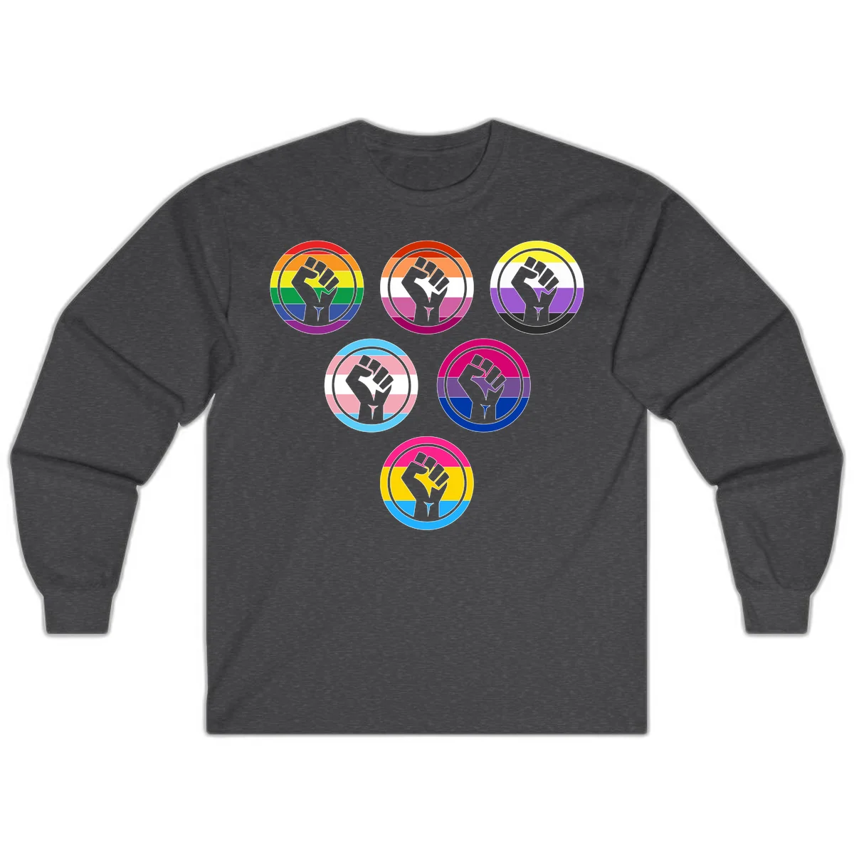 Six circular badge designs with raised fist symbols in different pride flag color schemes including rainbow, trans, and pansexual flags in Dark Heather