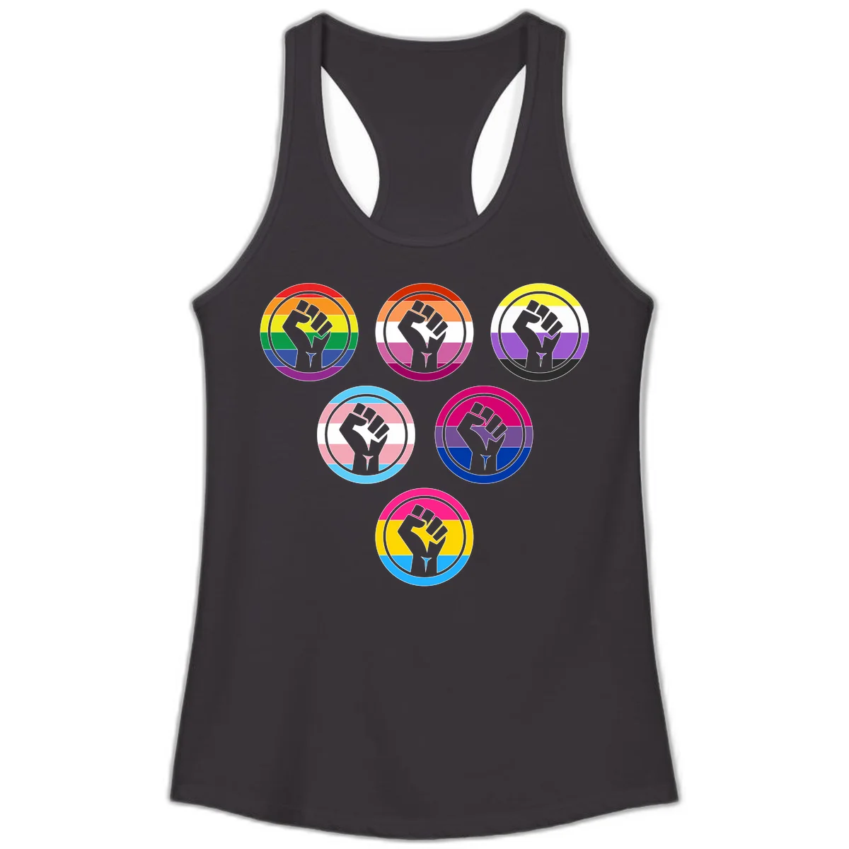 Six circular badge designs with raised fist symbols in different pride flag color schemes including rainbow, trans, and pansexual flags in Black