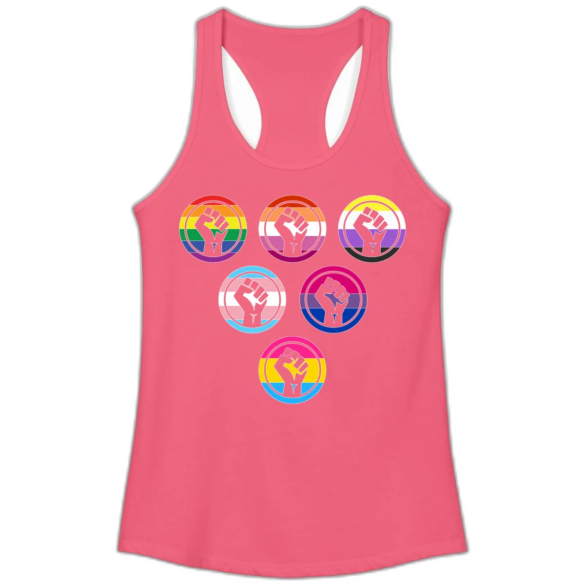Six circular badge designs with raised fist symbols in different pride flag color schemes including rainbow, trans, and pansexual flags in Hot Pink