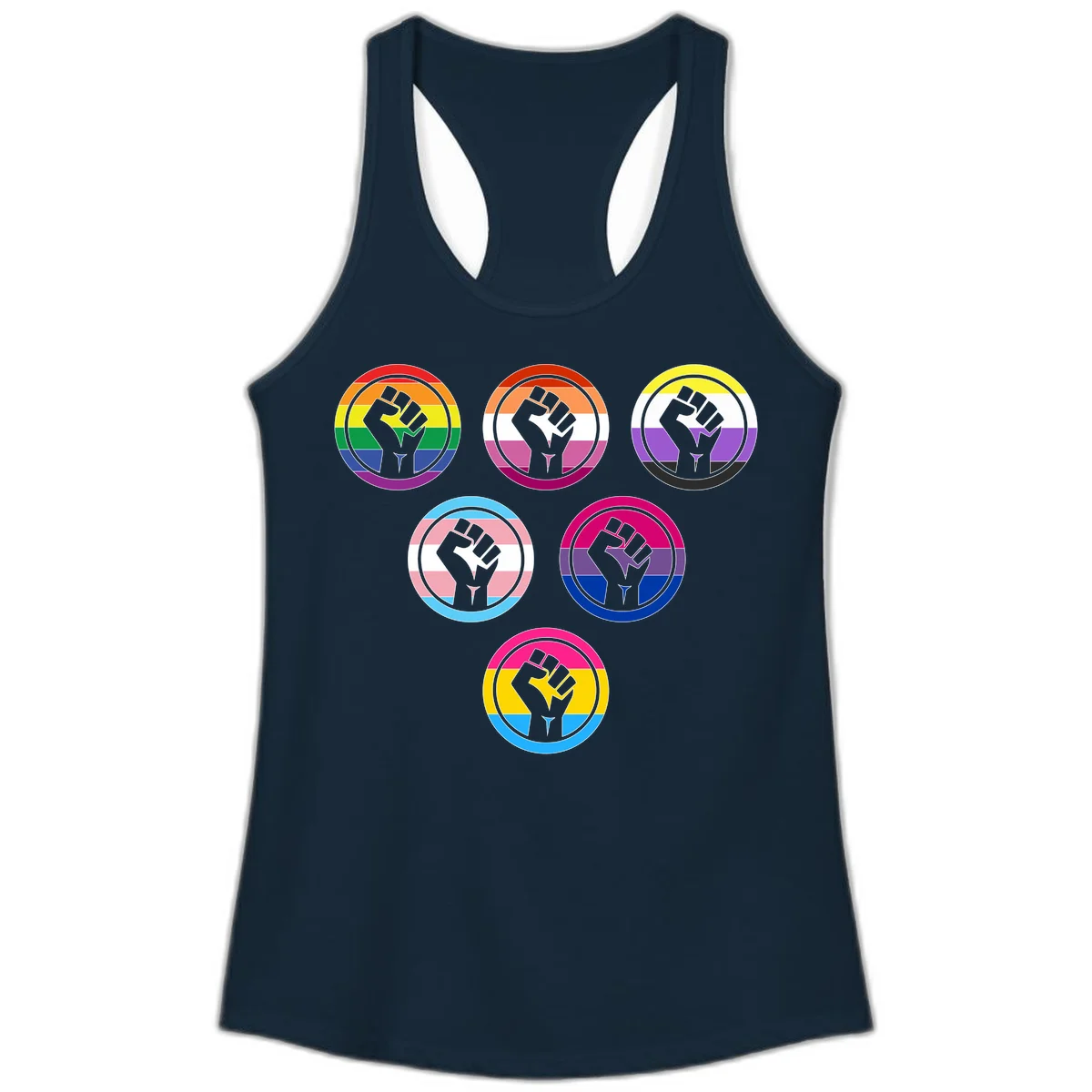 Six circular badge designs with raised fist symbols in different pride flag color schemes including rainbow, trans, and pansexual flags in Solid Midnight Navy