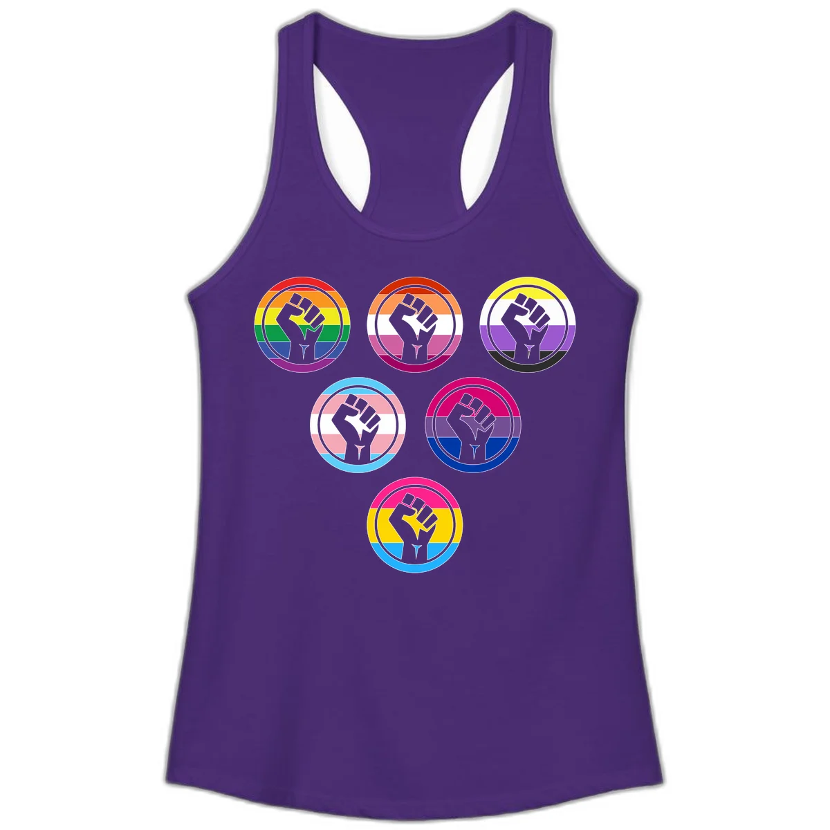 Six circular badge designs with raised fist symbols in different pride flag color schemes including rainbow, trans, and pansexual flags in Solid Purple Rush