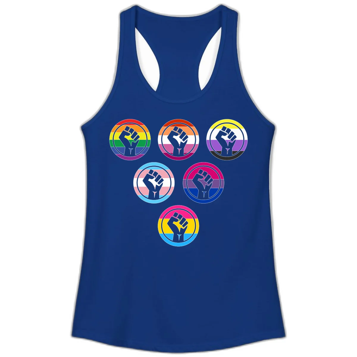 Six circular badge designs with raised fist symbols in different pride flag color schemes including rainbow, trans, and pansexual flags in Solid Royal