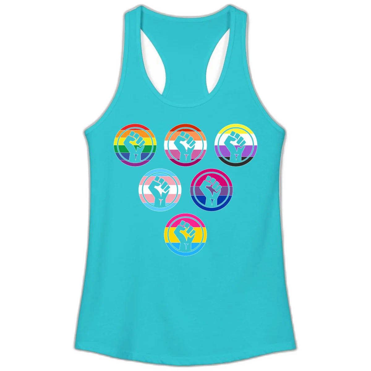 Six circular badge designs with raised fist symbols in different pride flag color schemes including rainbow, trans, and pansexual flags in Solid Tahiti Blue