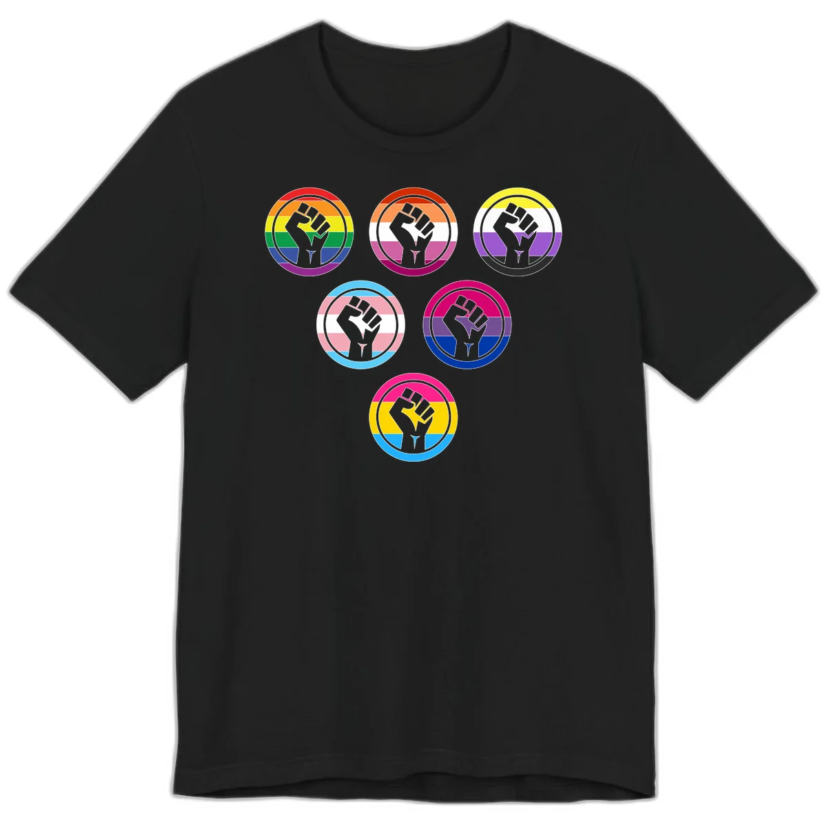 Six circular badge designs with raised fist symbols in different pride flag color schemes including rainbow, trans, and pansexual flags in Black