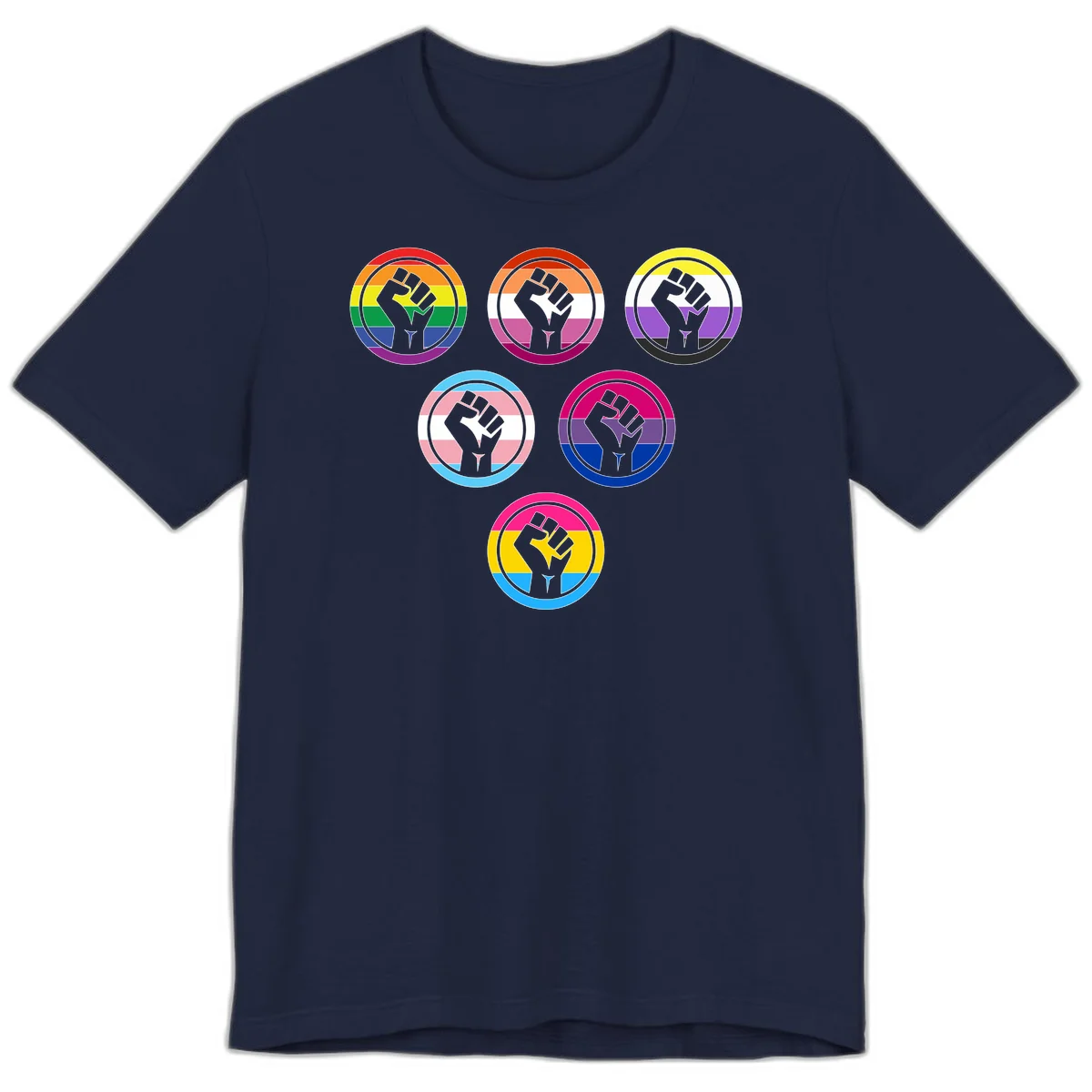 Six circular badge designs with raised fist symbols in different pride flag color schemes including rainbow, trans, and pansexual flags in Navy