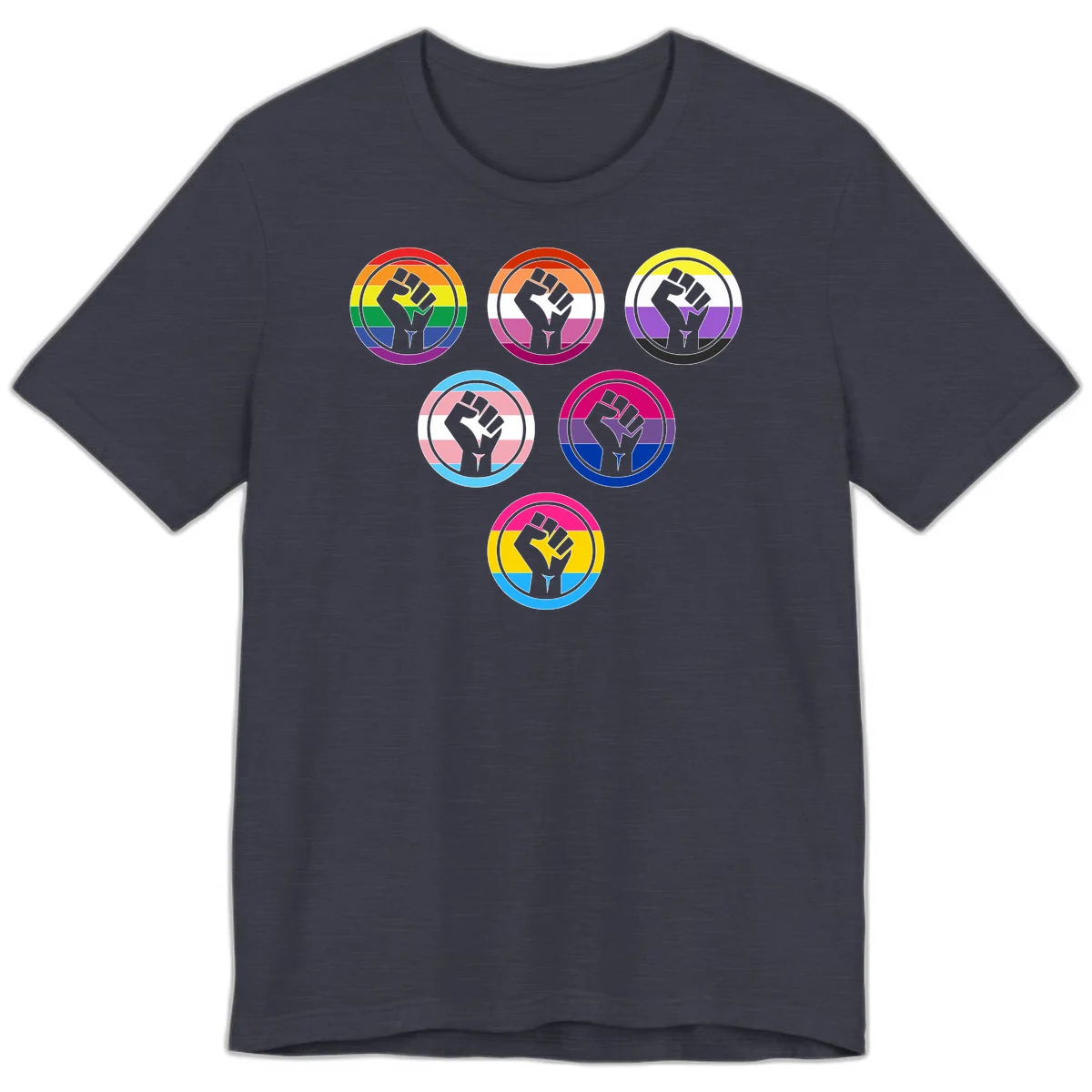 Six circular badge designs with raised fist symbols in different pride flag color schemes including rainbow, trans, and pansexual flags in Heather Midnight Navy