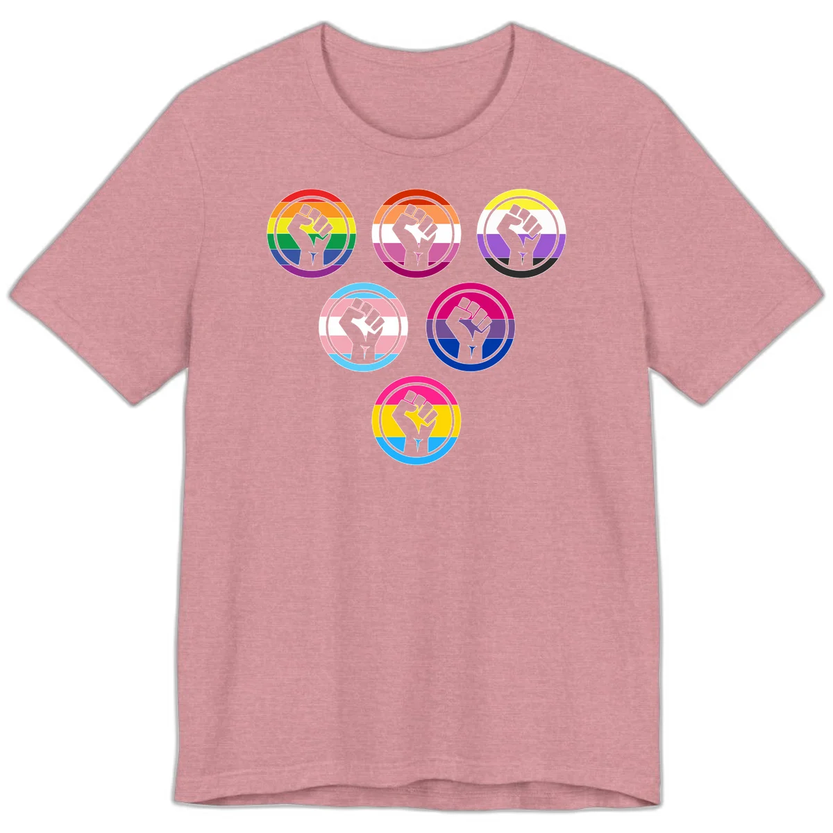 Six circular badge designs with raised fist symbols in different pride flag color schemes including rainbow, trans, and pansexual flags in Heather Orchid