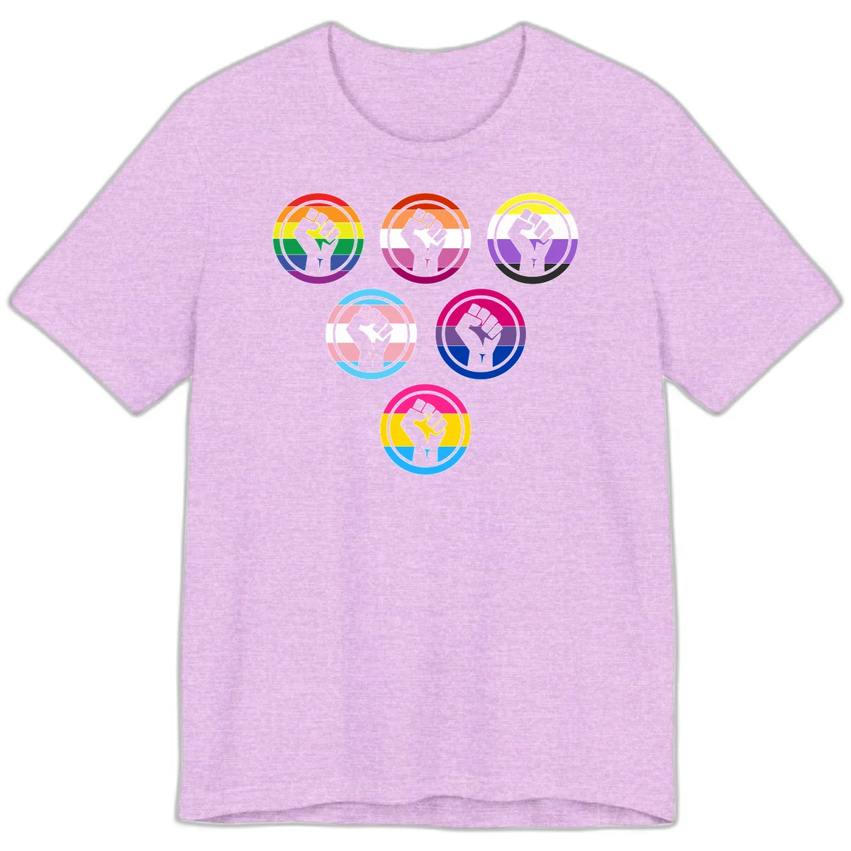 Six circular badge designs with raised fist symbols in different pride flag color schemes including rainbow, trans, and pansexual flags in Heather Prism Lilac