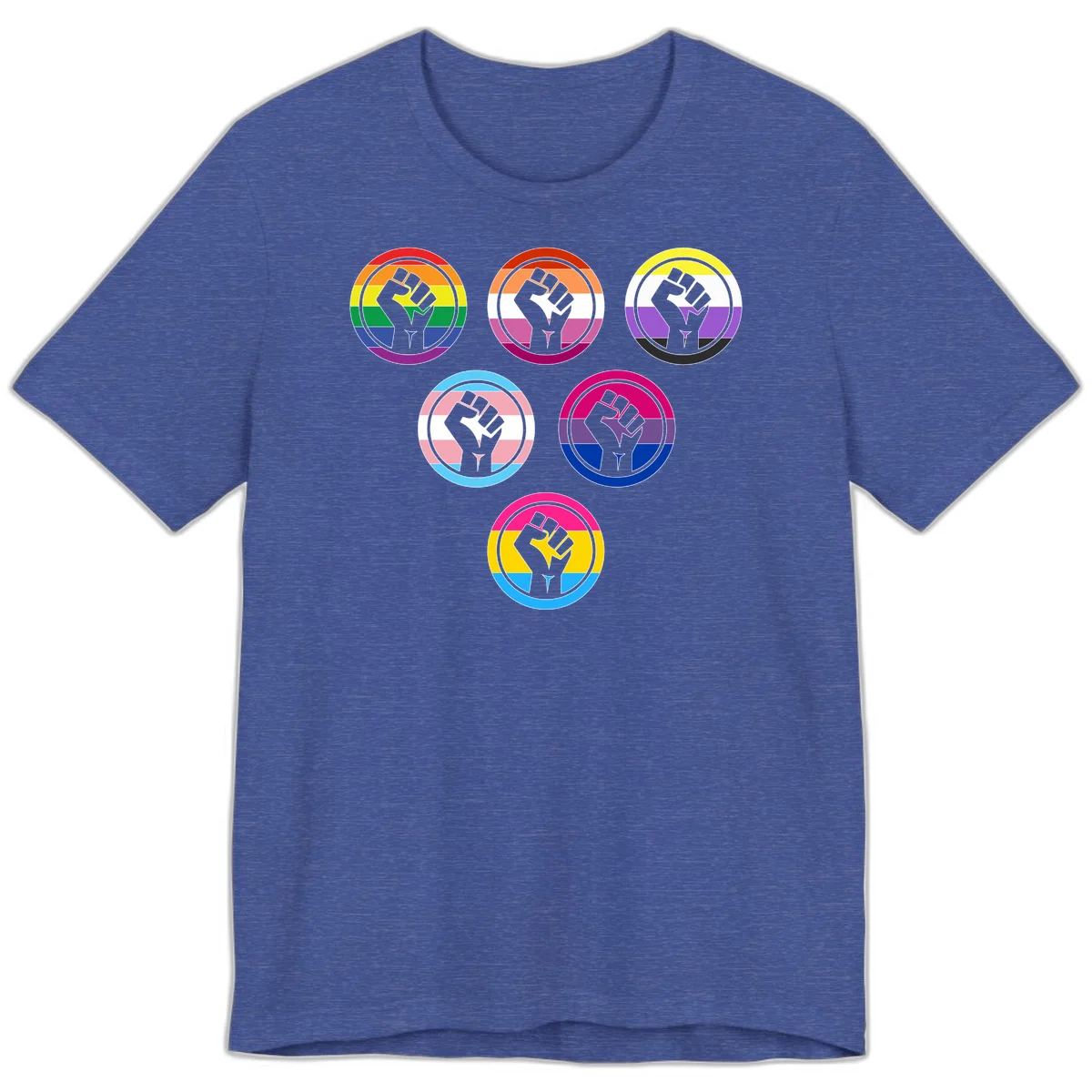 Six circular badge designs with raised fist symbols in different pride flag color schemes including rainbow, trans, and pansexual flags in Heather True Royal