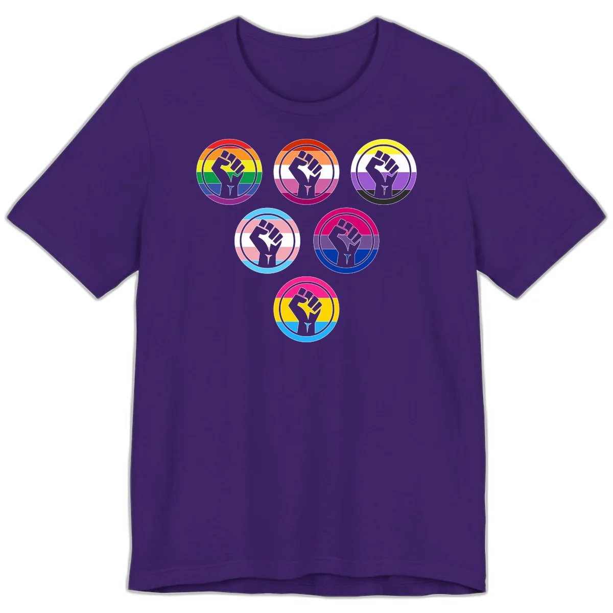 Six circular badge designs with raised fist symbols in different pride flag color schemes including rainbow, trans, and pansexual flags in Team Purple