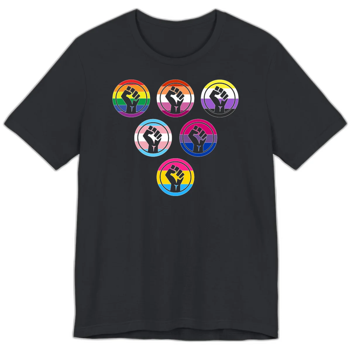 Six circular badge designs with raised fist symbols in different pride flag color schemes including rainbow, trans, and pansexual flags in Vintage Black