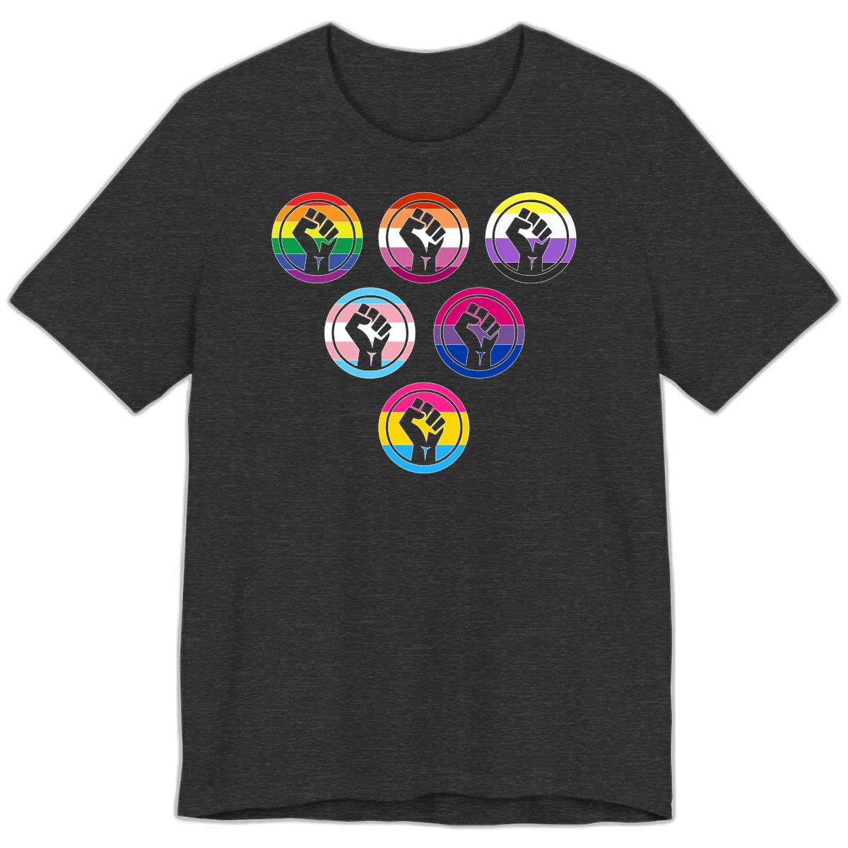 Six circular badge designs with raised fist symbols in different pride flag color schemes including rainbow, trans, and pansexual flags in Dark Grey Heather