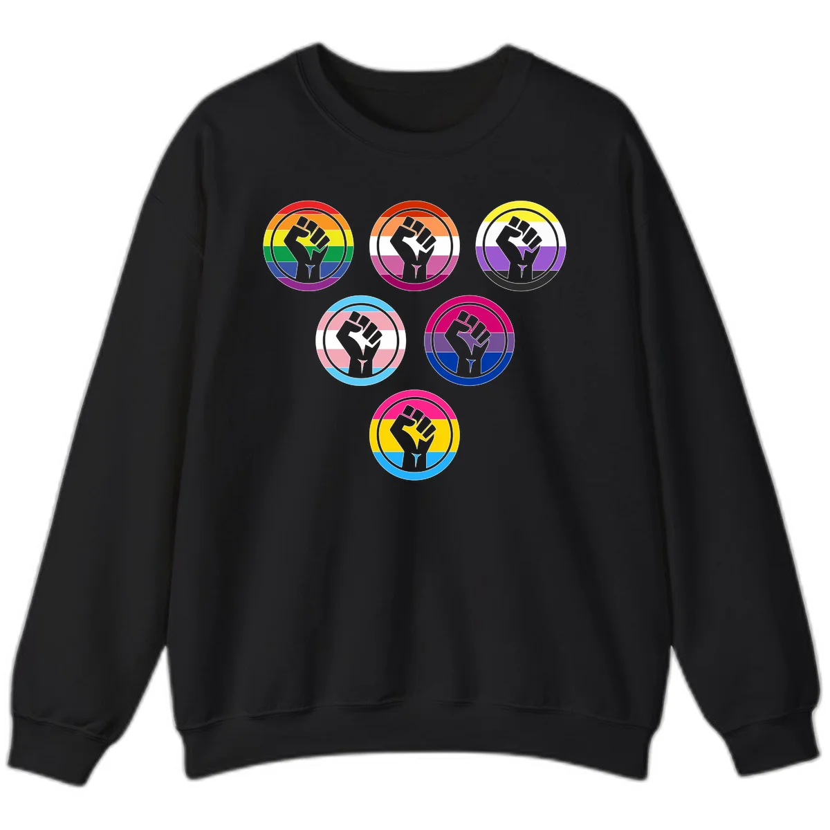 Six circular badge designs with raised fist symbols in different pride flag color schemes including rainbow, trans, and pansexual flags in Black