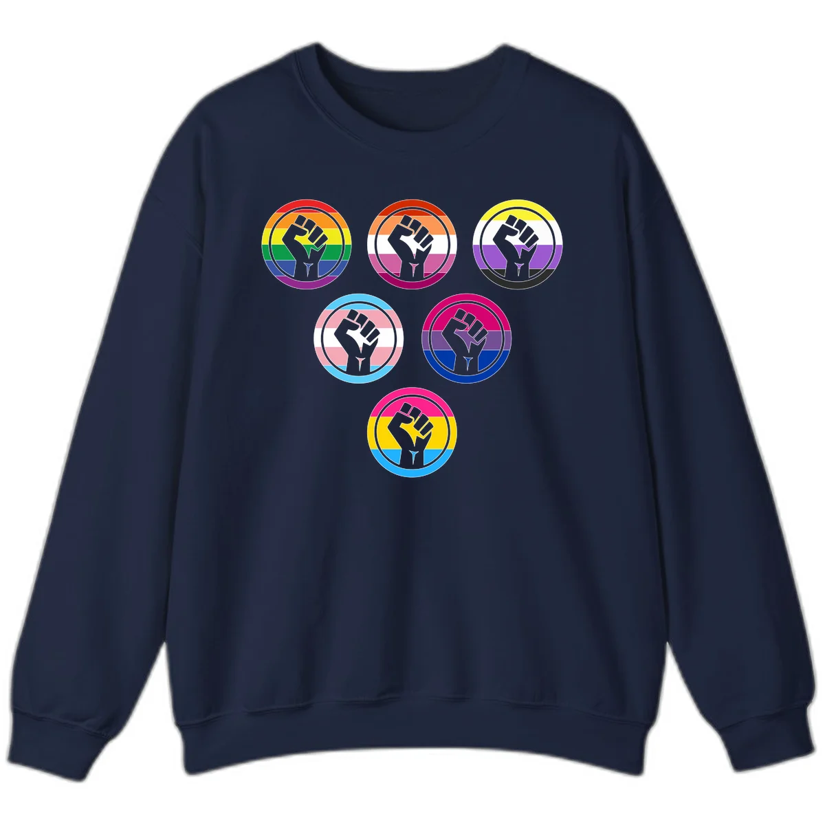 Six circular badge designs with raised fist symbols in different pride flag color schemes including rainbow, trans, and pansexual flags in Navy